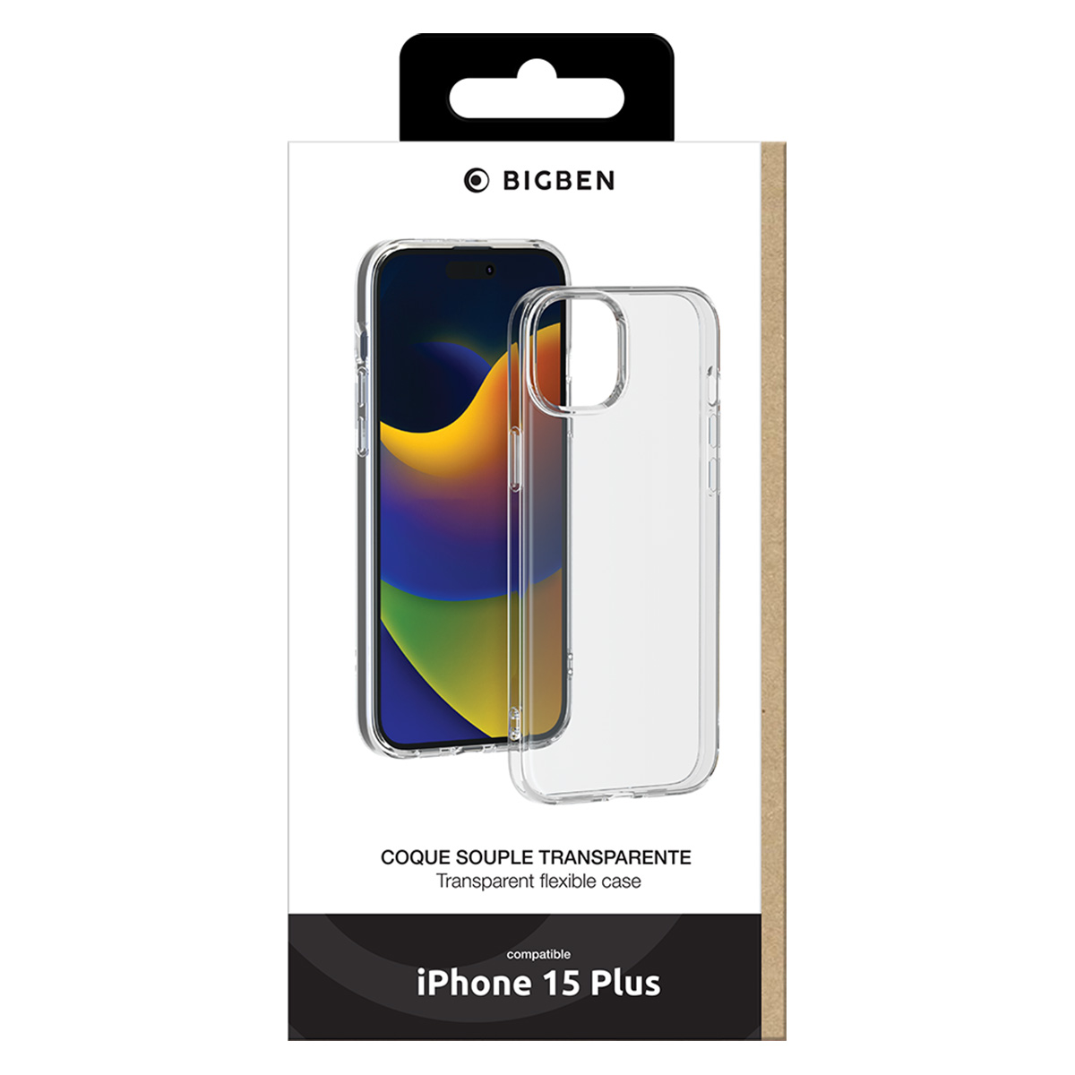 Una scatola per custodia per telefono. Mostra una custodia trasparente e un telefono all'interno. La scatola dice 'iPhone 15 Plus' e 'BIGBEN'.