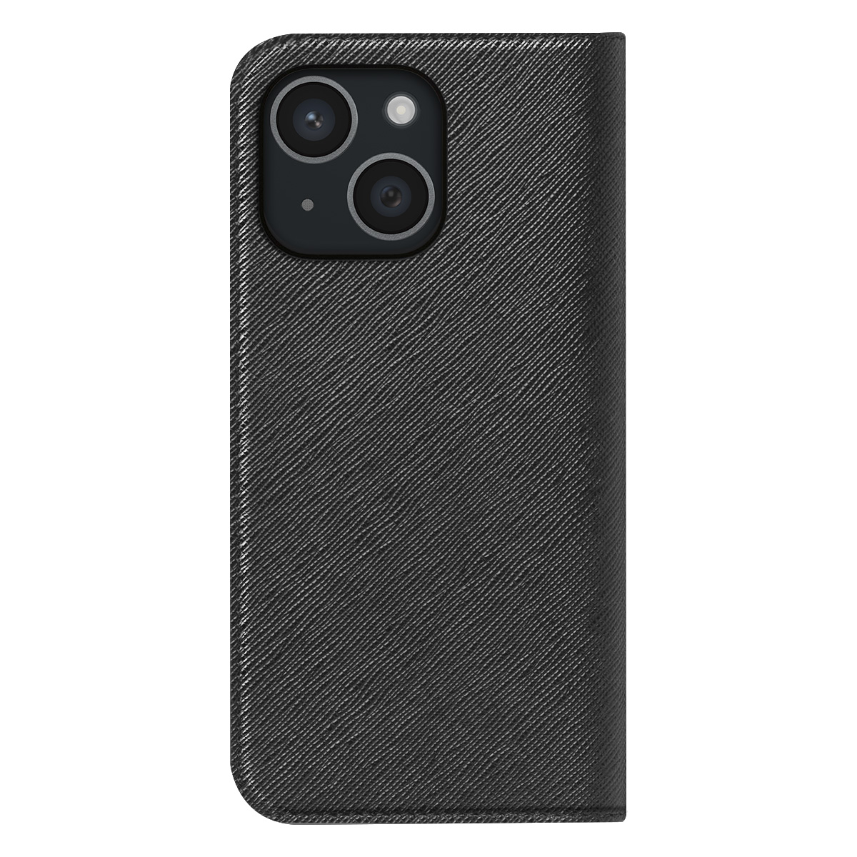 Una custodia nera per telefono con superficie strutturata, con un modulo fotocamera. Lo sfondo è bianco.