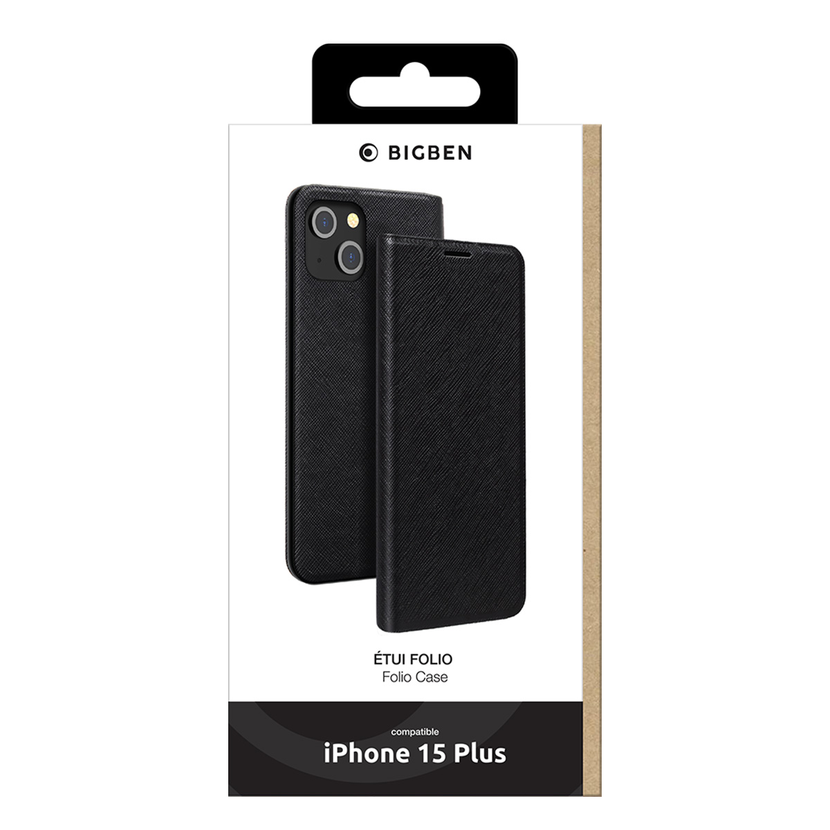 Custodia a libro nera per iPhone 15 Plus in confezione bianca e marrone, con marchio BIGBEN.