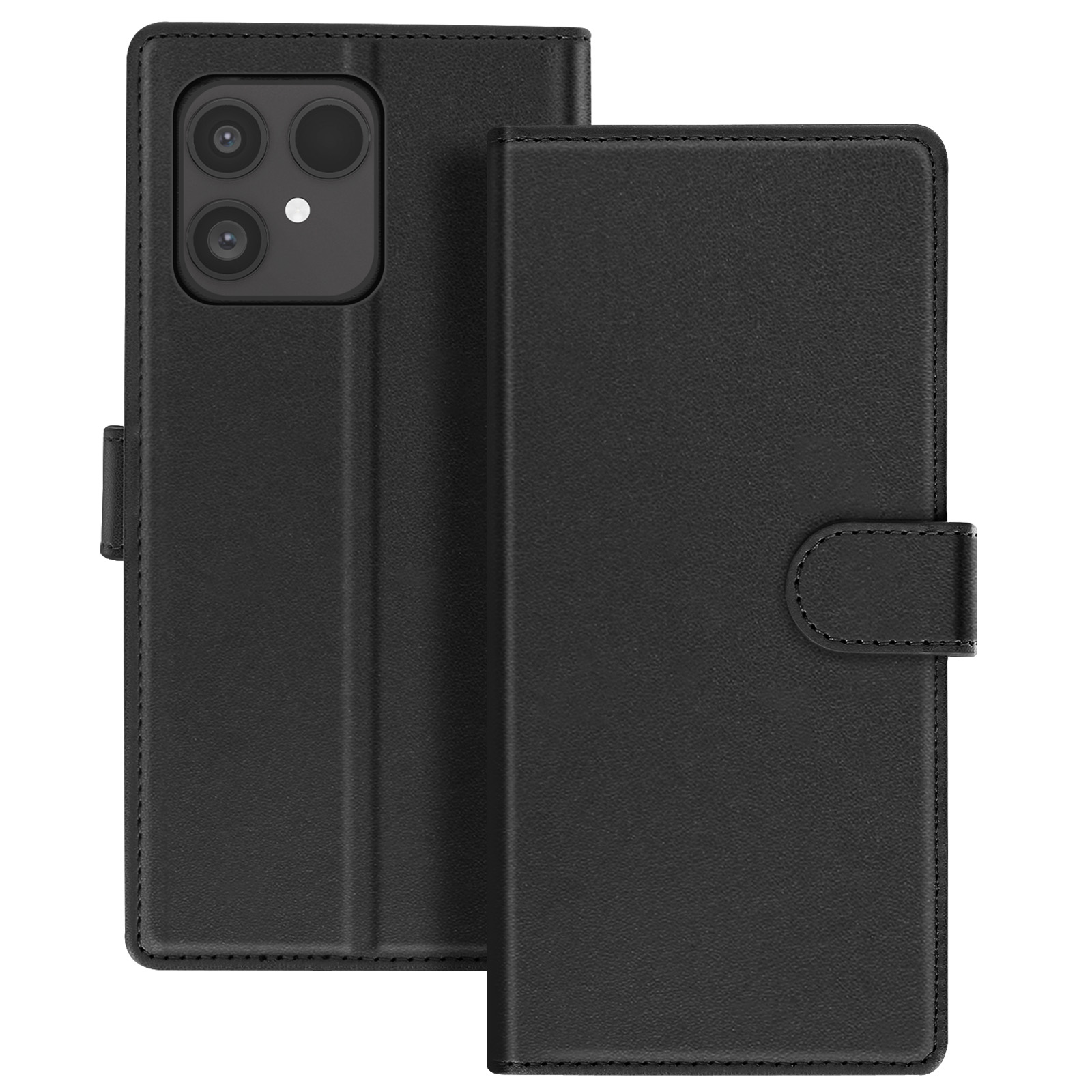 Custodia nera per telefono. La custodia è aperta, mostrando il supporto del telefono e una cover con chiusura.