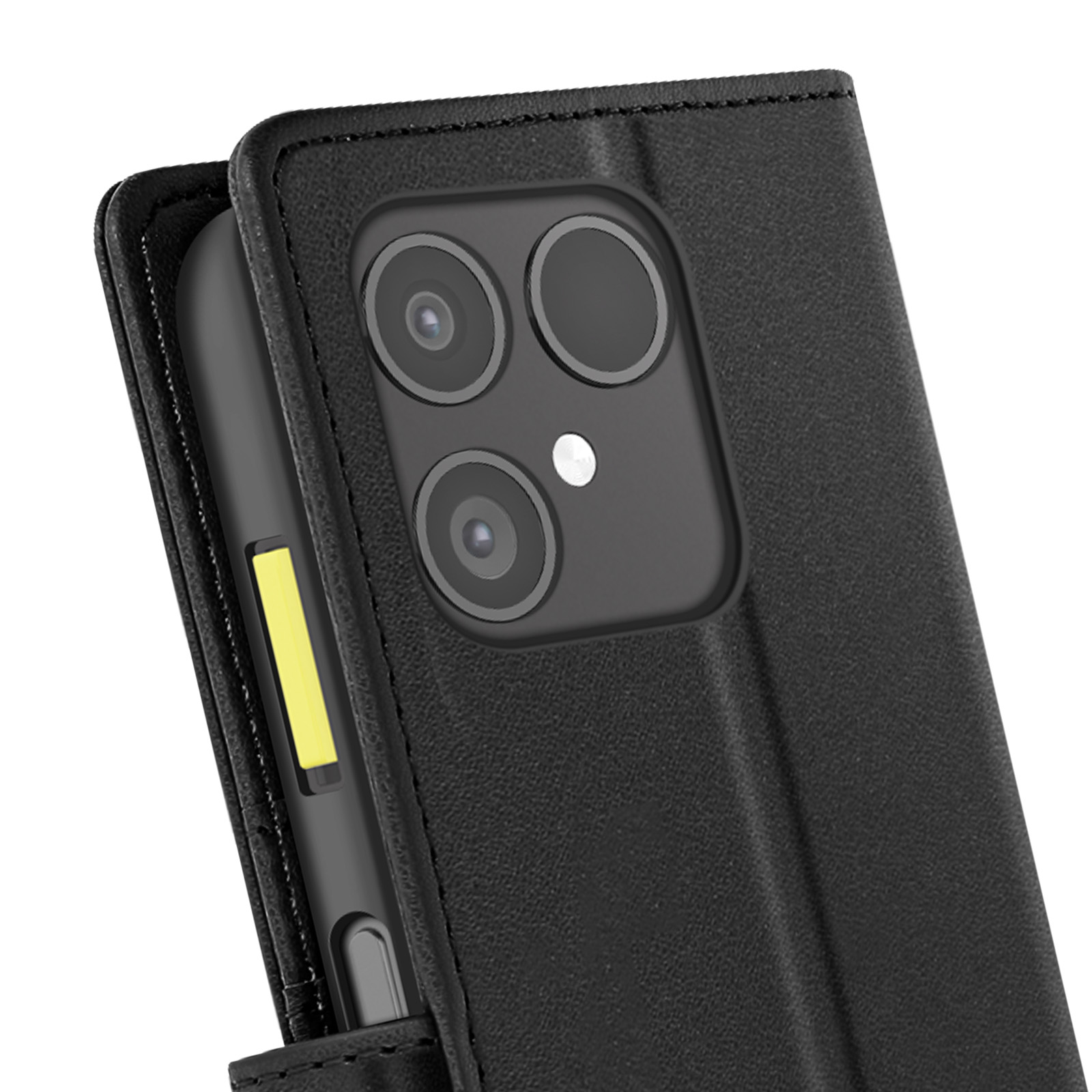 Custodia nera per telefono con telefono all'interno. Il telefono ha tre lenti della fotocamera. È visibile una luce gialla.
