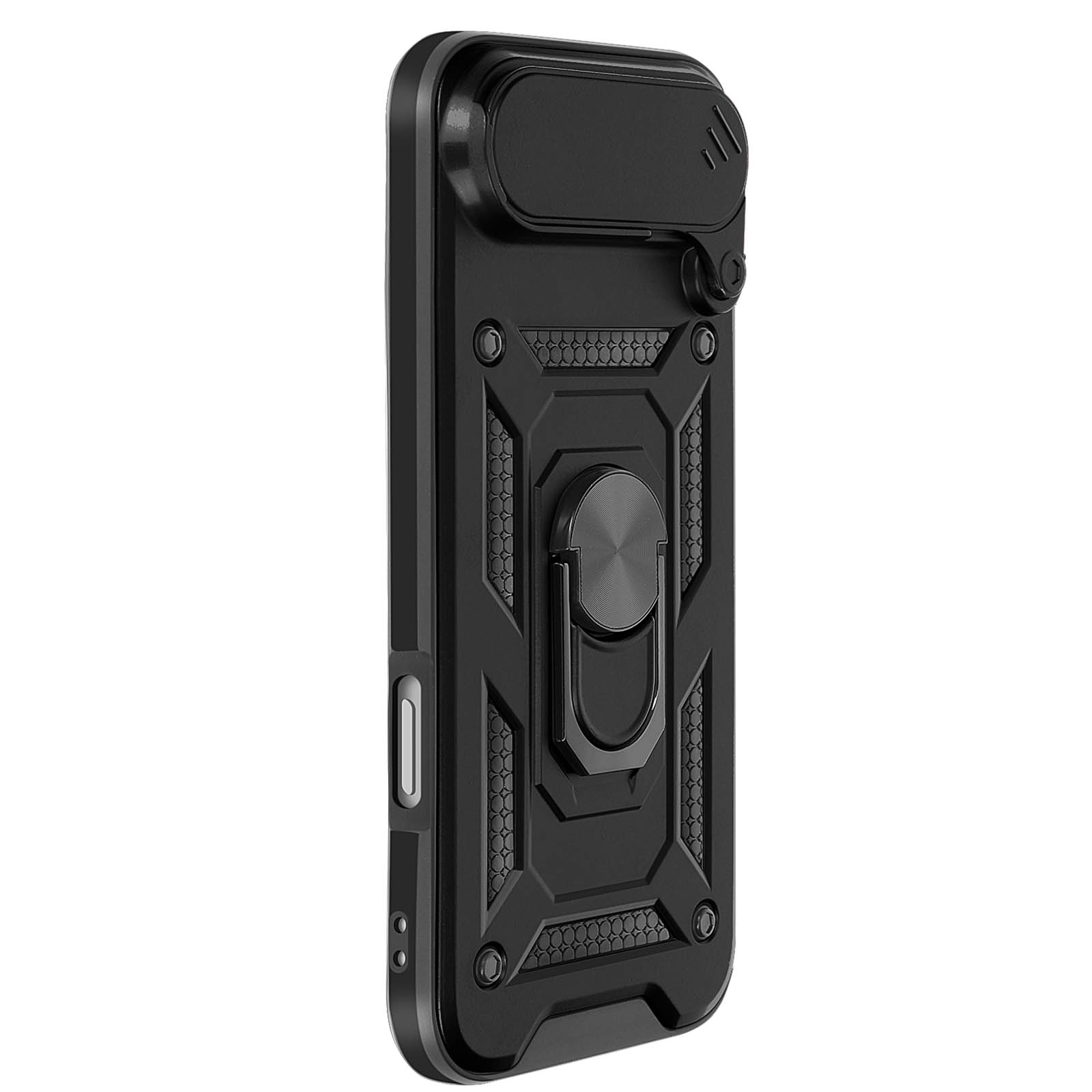 Custodia nera per telefono con supporto ad anello, copertura fotocamera e design geometrico.