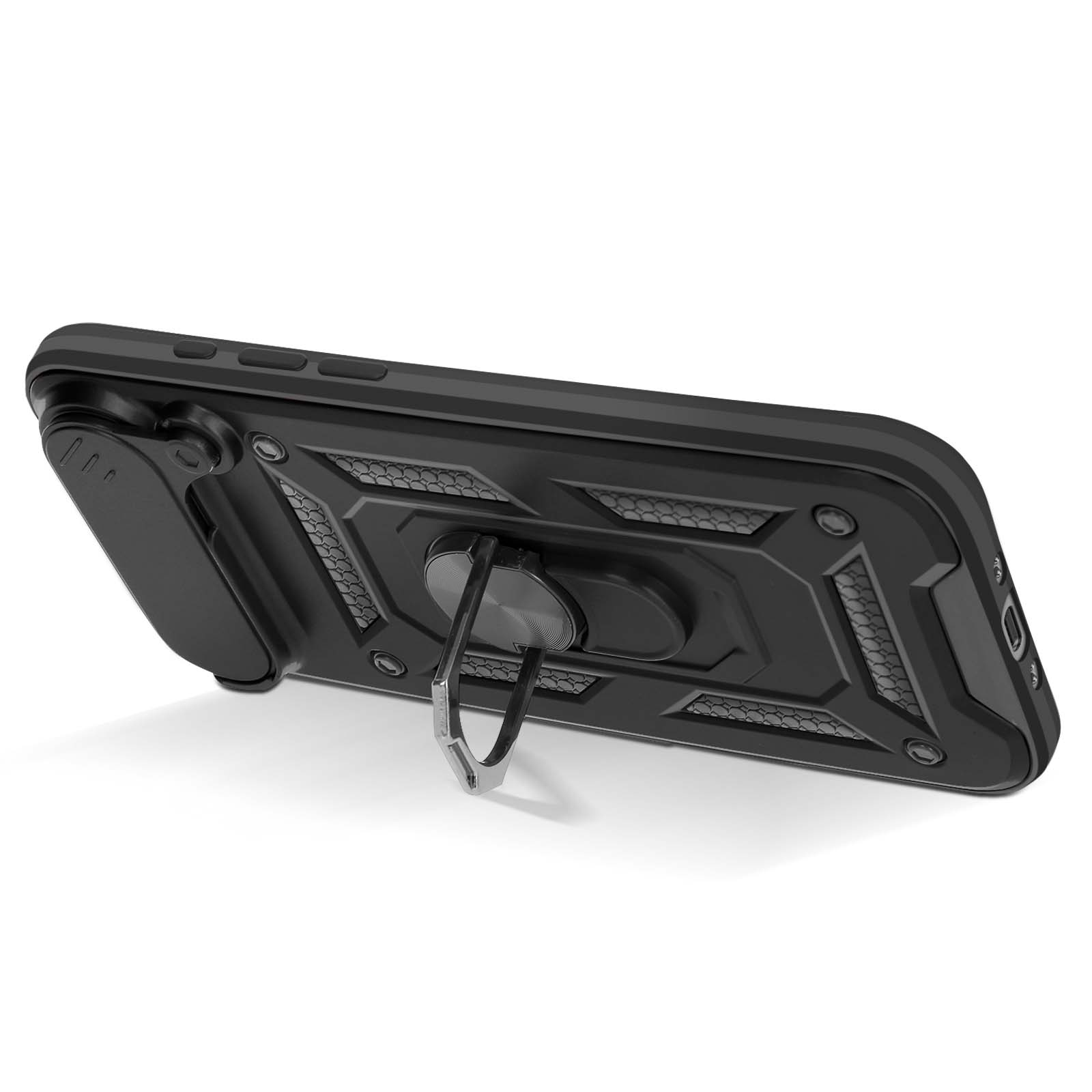 Custodia nera per telefono con supporto ad anello, vista angolata. Pulsanti, design a nido d'ape e cavalletto. Sfondo bianco.