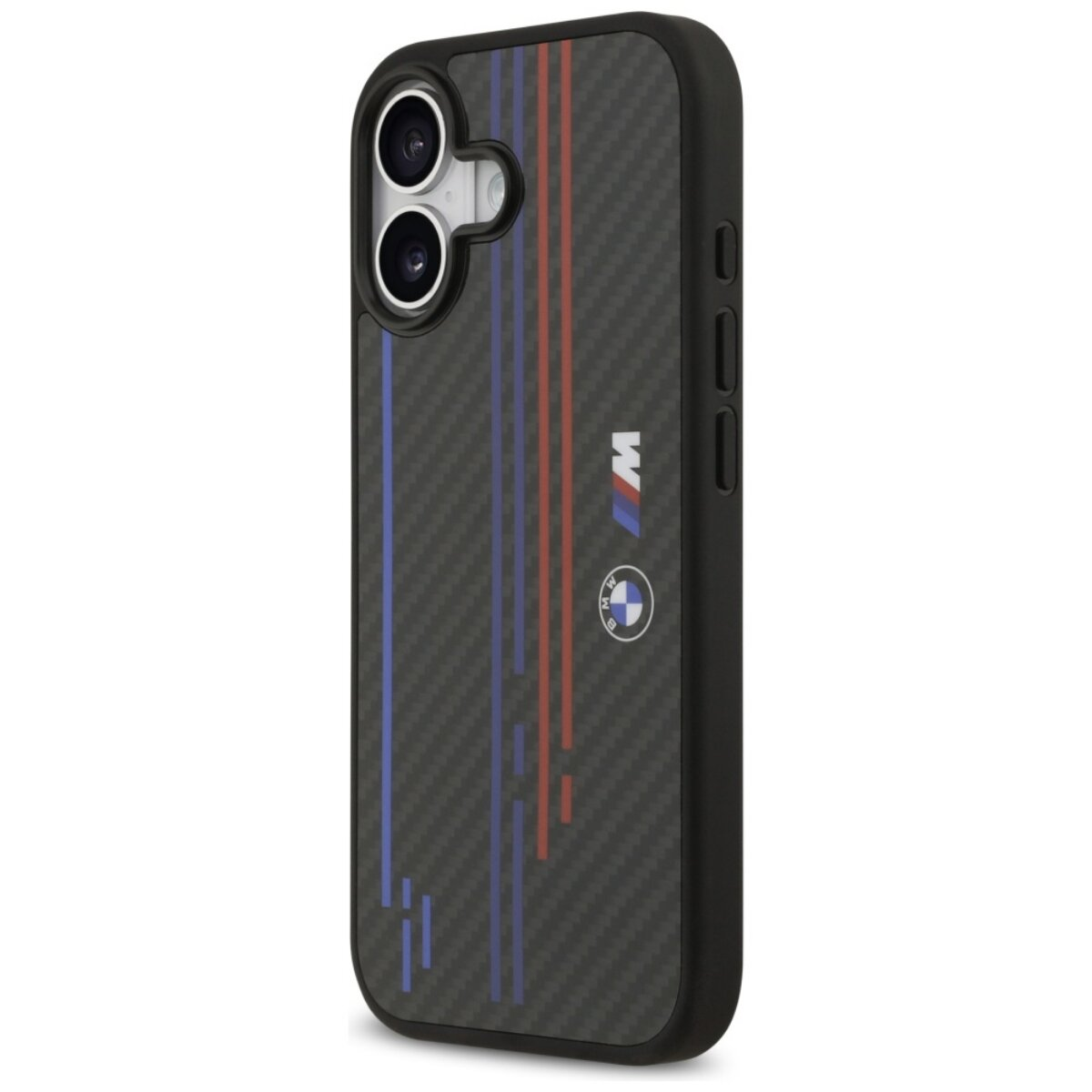 Una custodia per telefono con trama in fibra di carbonio, con le strisce M BMW in blu e rosso e il logo BMW.