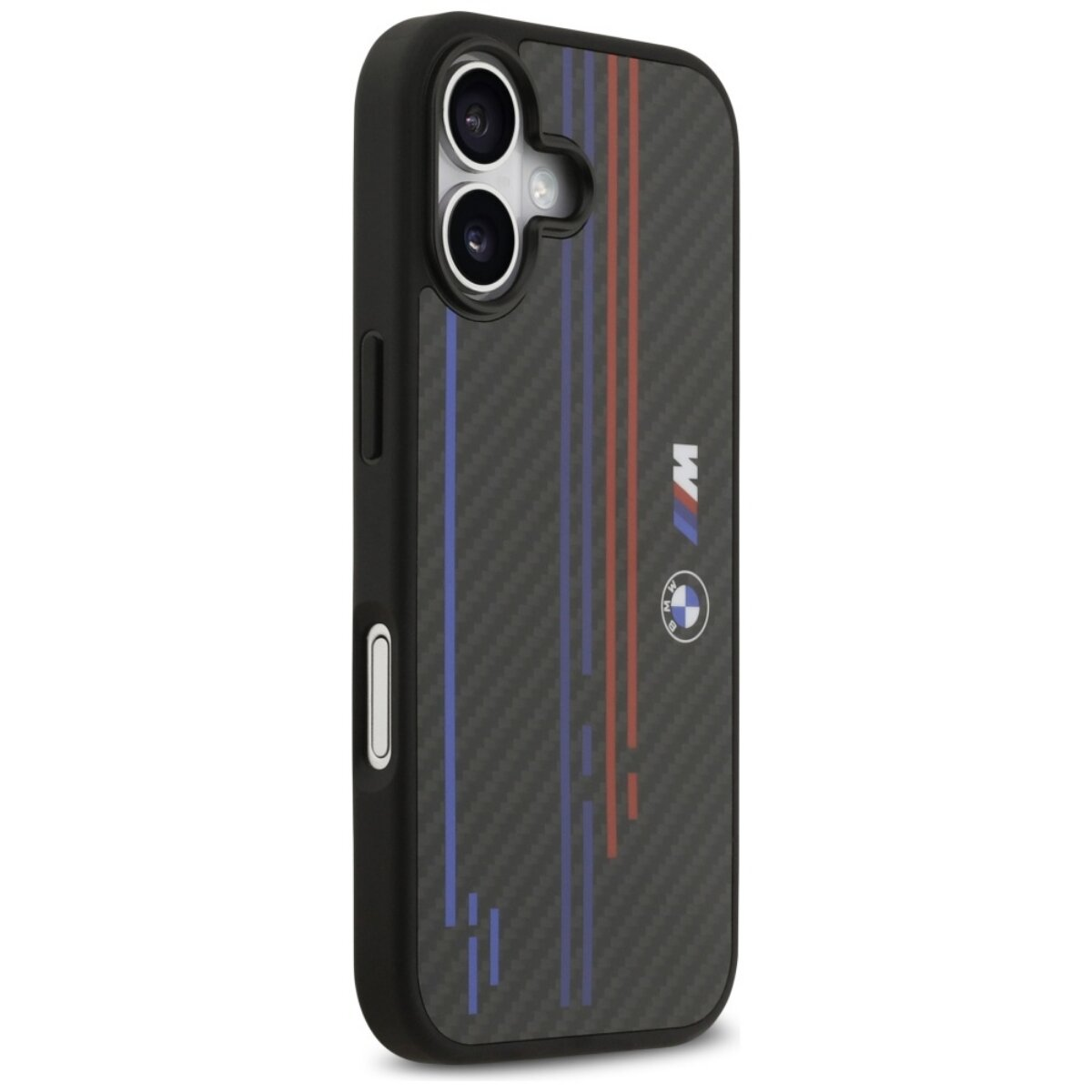 Custodia nera per iPhone con strisce blu e rosse. Logo BMW in basso a destra. La custodia ha una trama in fibra di carbonio.