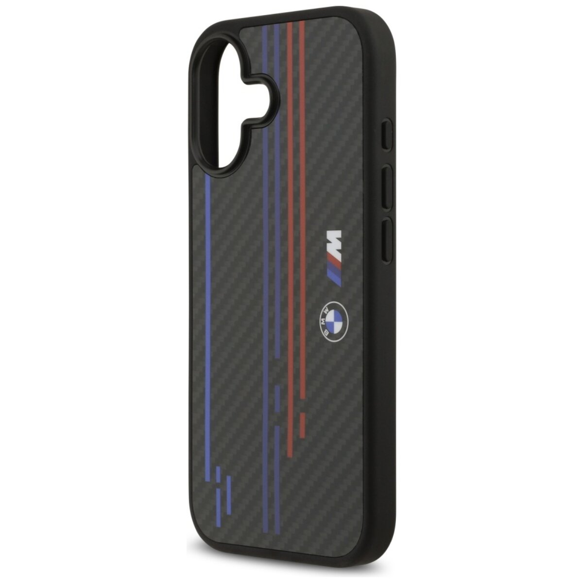 Custodia per telefono nera con strisce rosse e blu, logo BMW e logo M. Texture in fibra di carbonio.