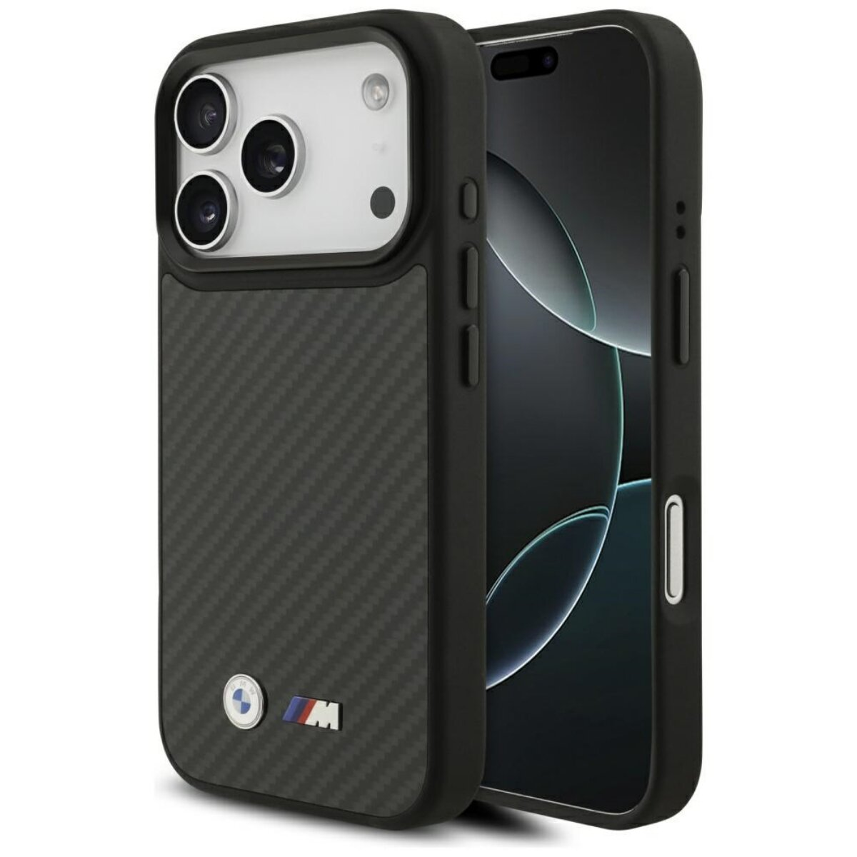 Schwarze Handyhülle mit Karbonfasermuster, BMW-Logo und Handy mit schwarzem Bildschirm auf weißem Hintergrund.
