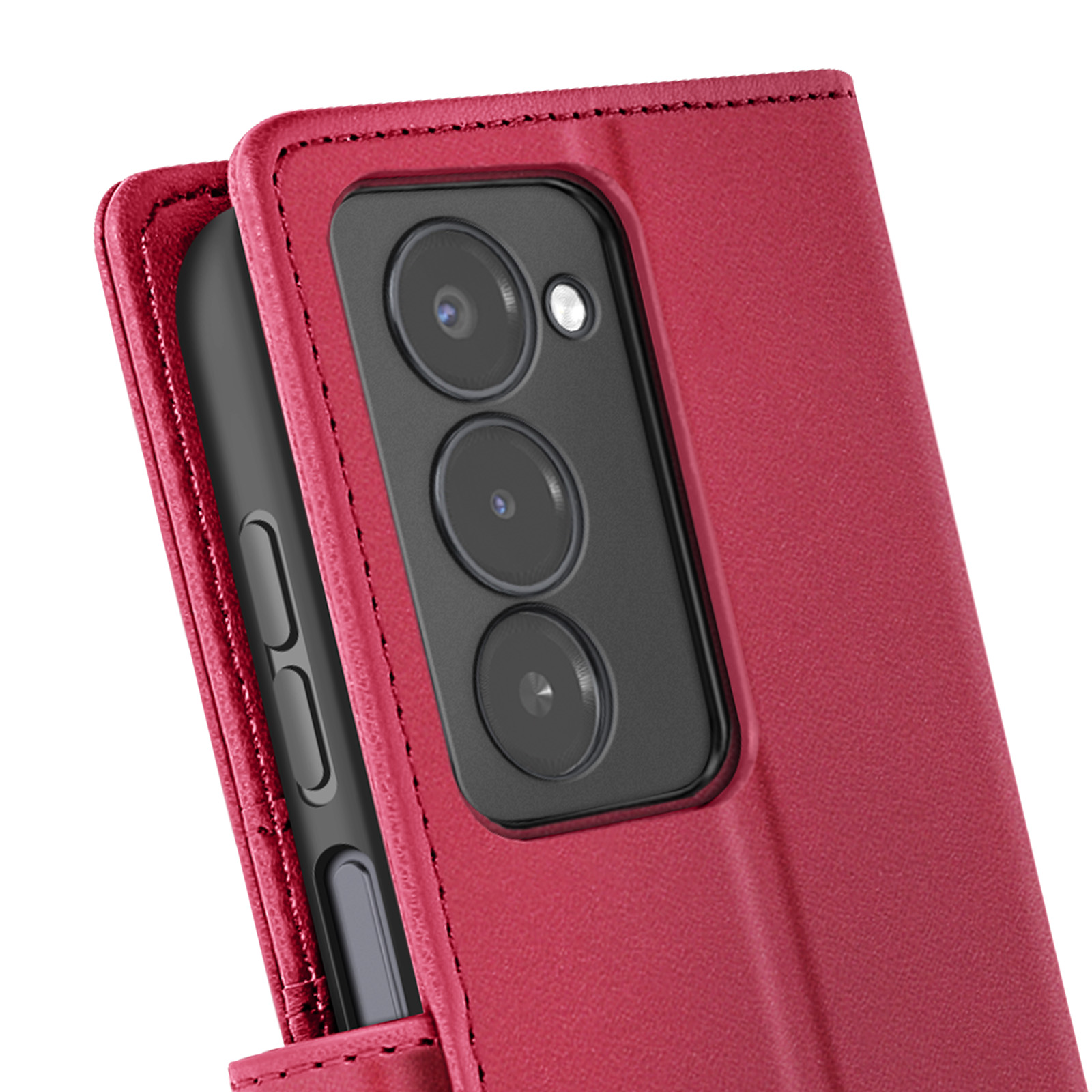 Een rode telefoonhoes met een zwarte telefoon erin. De hoes heeft een uitsparing voor de camera.