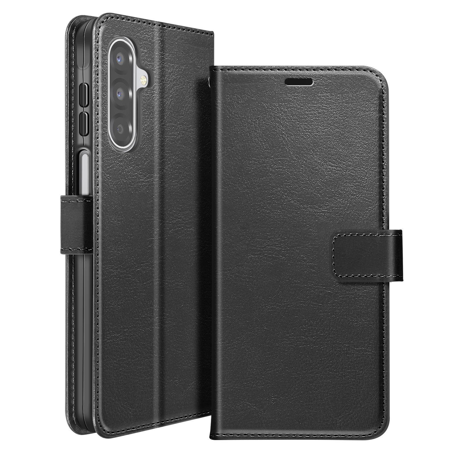 Una custodia per telefono in pelle nera è aperta, mostrando la fotocamera e lo schermo del telefono. La custodia ha una chiusura magnetica.