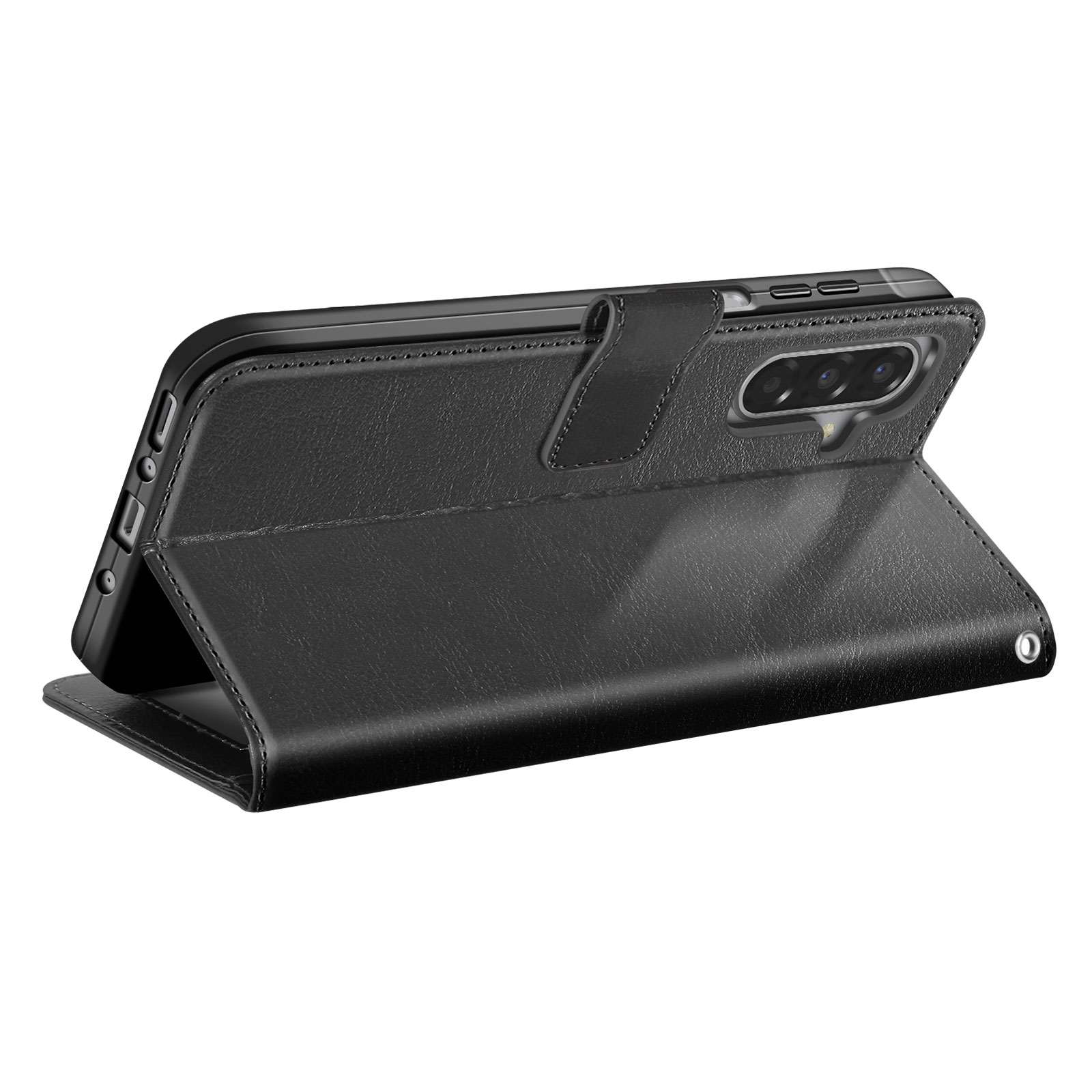 Custodia nera per telefono aperta, mostra un telefono con tre fotocamere. La custodia è in similpelle con chiusura magnetica.