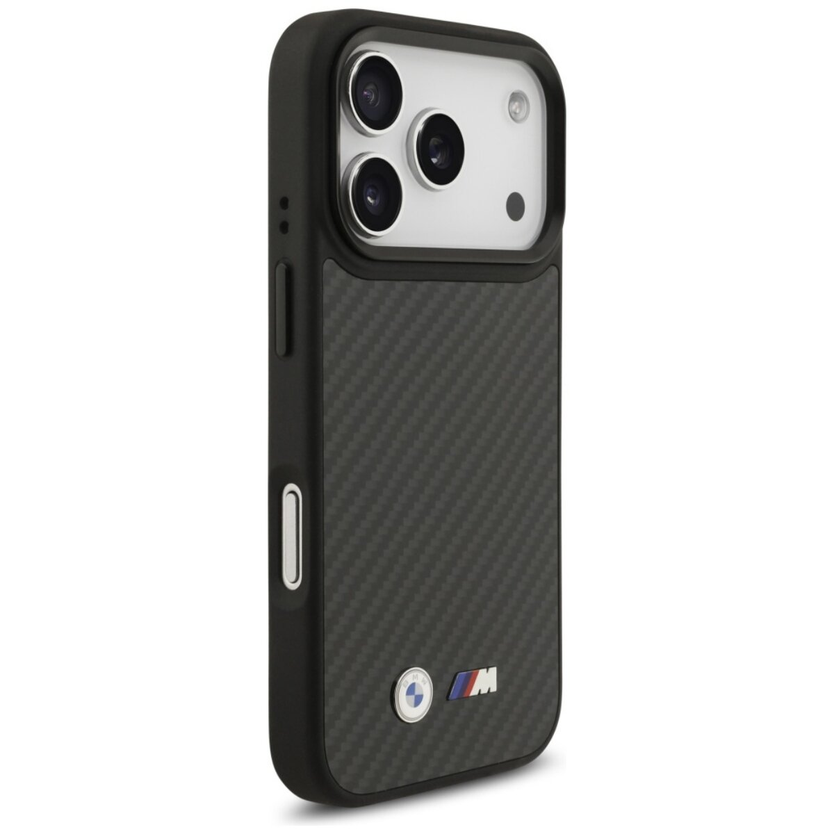 Schwarze iPhone-Hülle mit Kohlefasertextur. Mit BMW-Logo. Kameralinsen sind oben sichtbar.