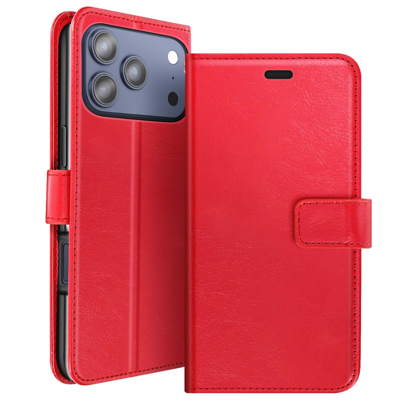 Custodia per iPhone in pelle rossa, aperta per rivelare il telefono. La custodia è a portafoglio con chiusura magnetica.
