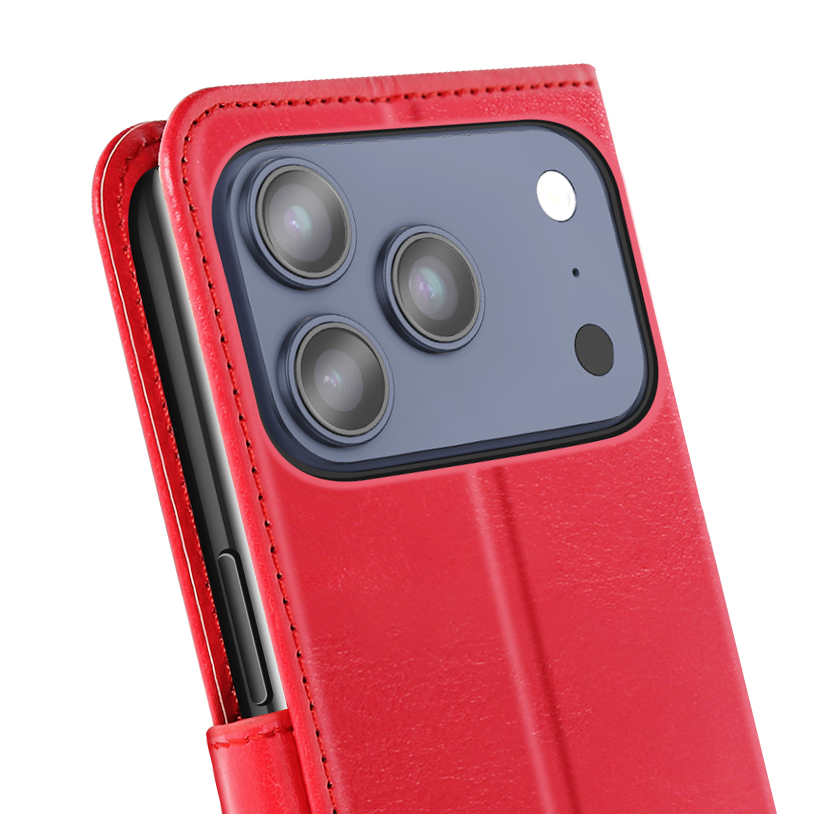 Custodia rossa per telefono con modulo fotocamera. La custodia è aperta, rivelando le lenti e il flash.