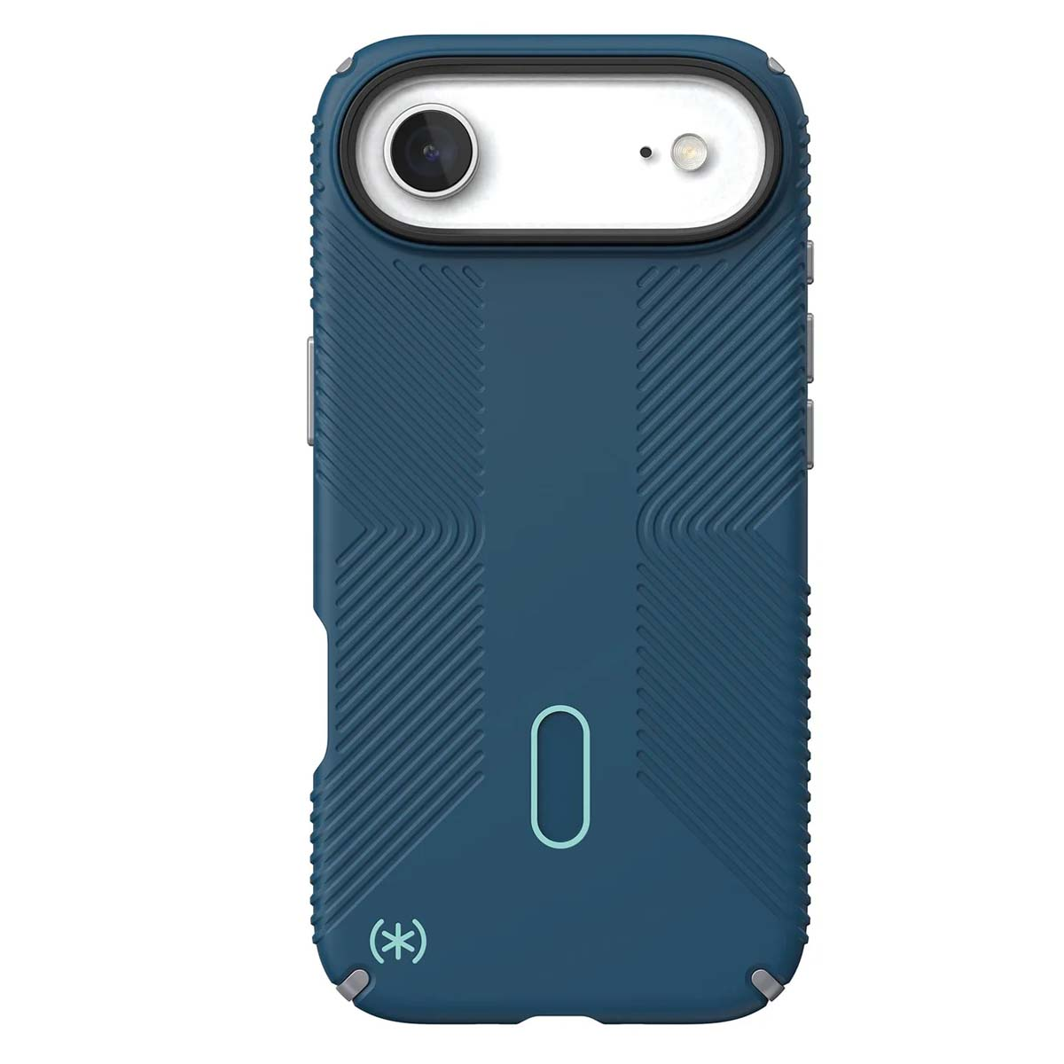 Una custodia per telefono verde scuro con un ritaglio per la fotocamera. La custodia ha un design strutturato e un piccolo simbolo.