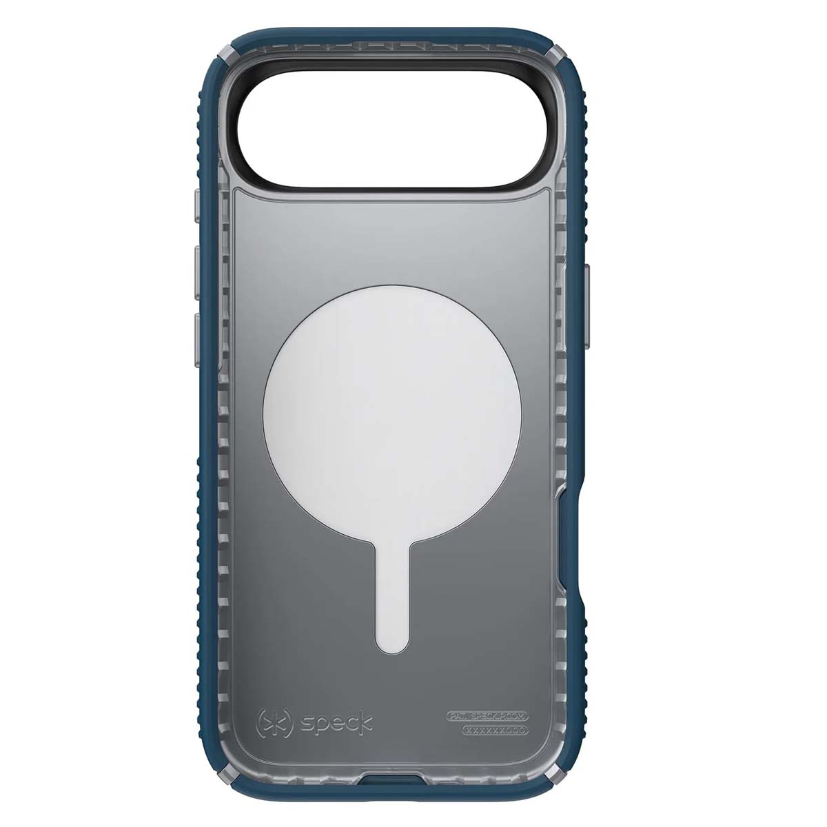 Una custodia trasparente per telefono con bordo blu. Ha un cerchio bianco al centro con un manico e il logo Speck in basso.