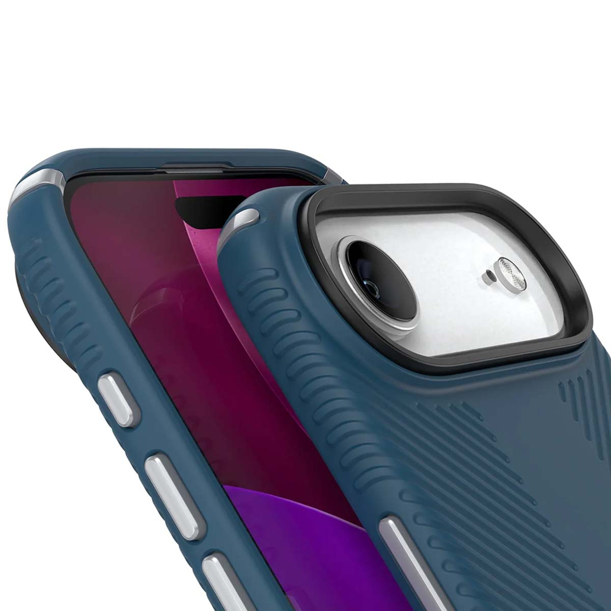Primo piano di una custodia blu per telefono con dettagli argento, lo schermo del telefono è visibile con sfondo viola.