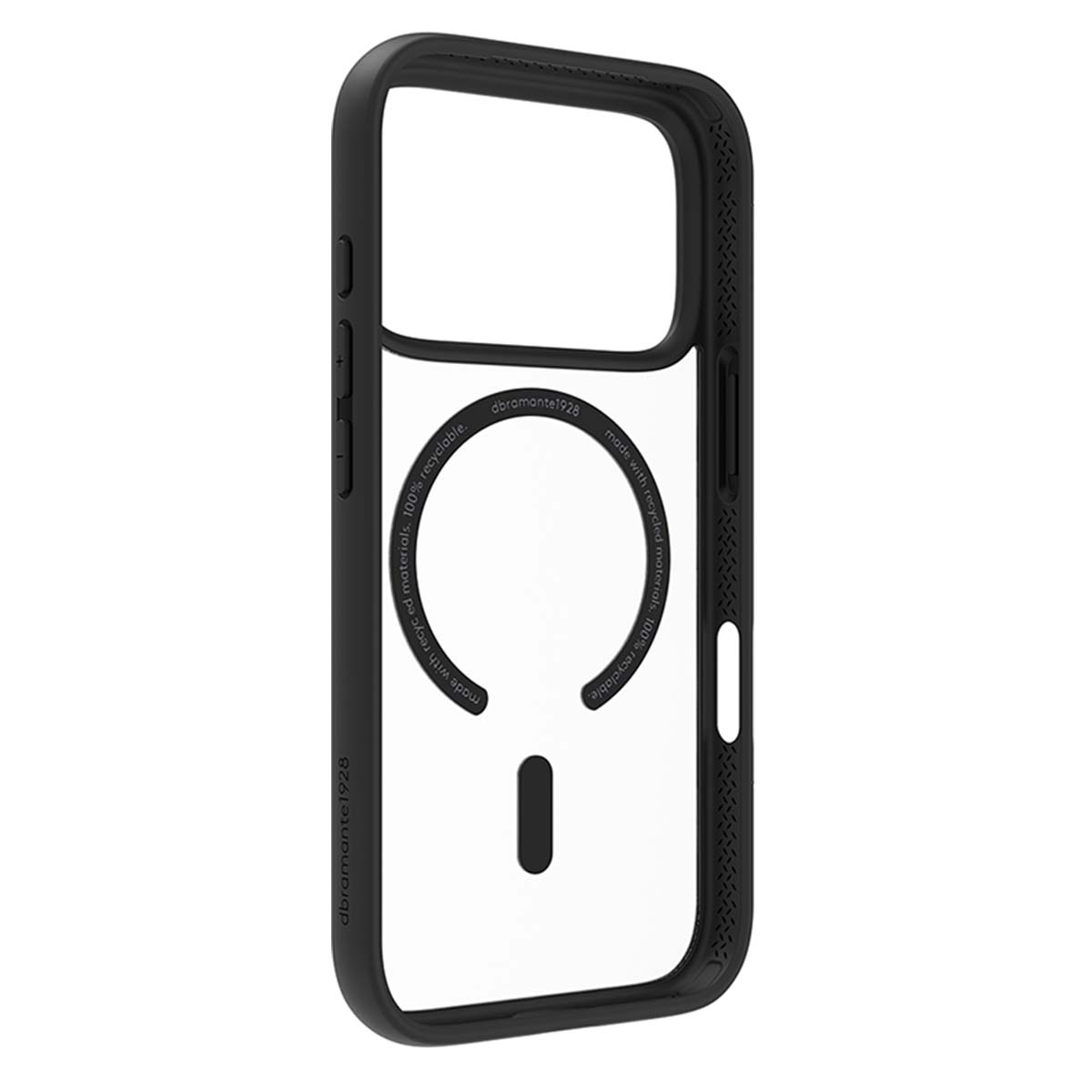 Una custodia trasparente per iPhone con cornice nera. La custodia ha un ritaglio circolare al centro ed è etichettata con 'dbramante1928'.