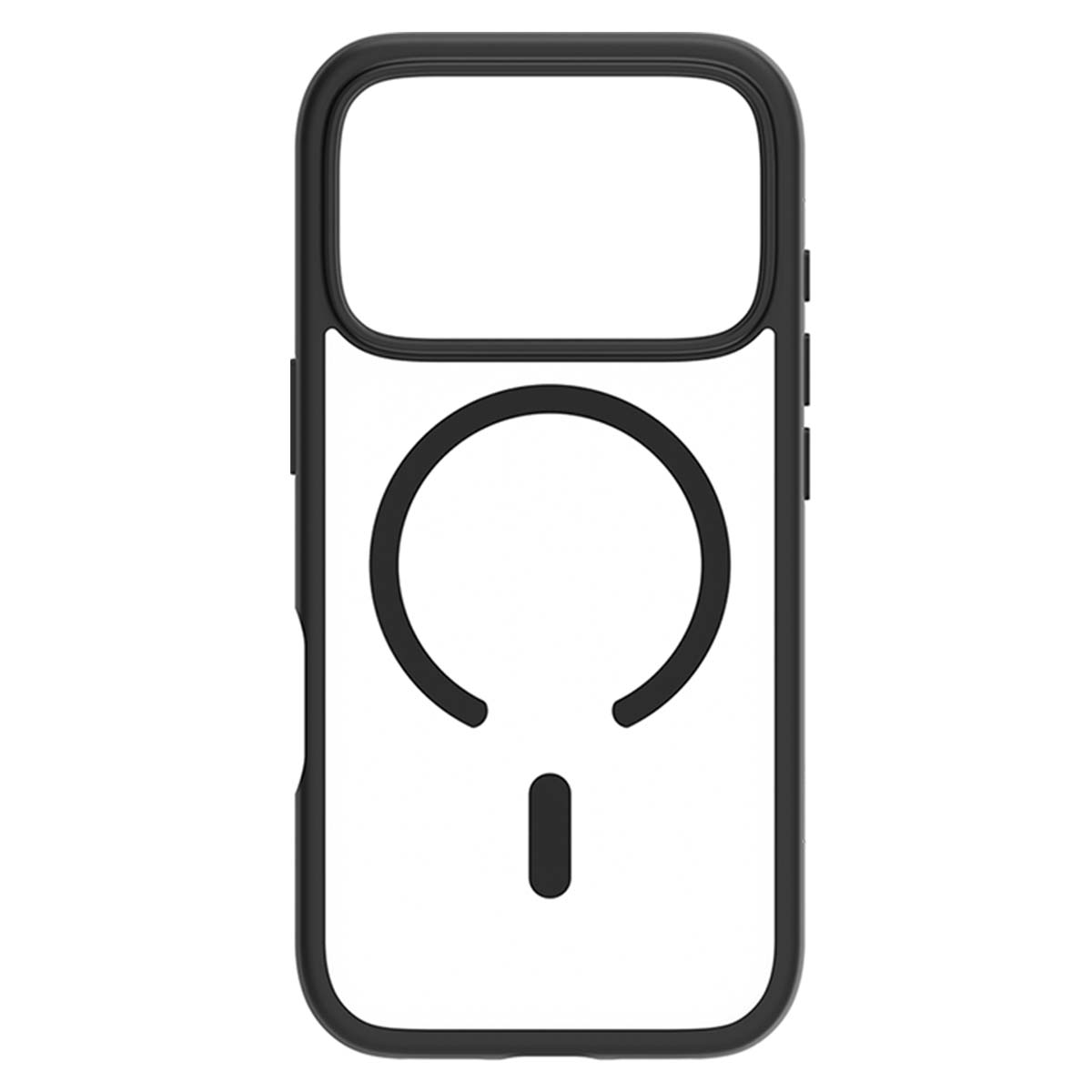 Custodia nera per telefono con retro trasparente. Ha un ritaglio per la fotocamera e un simbolo di ricarica circolare. Sfondo bianco.