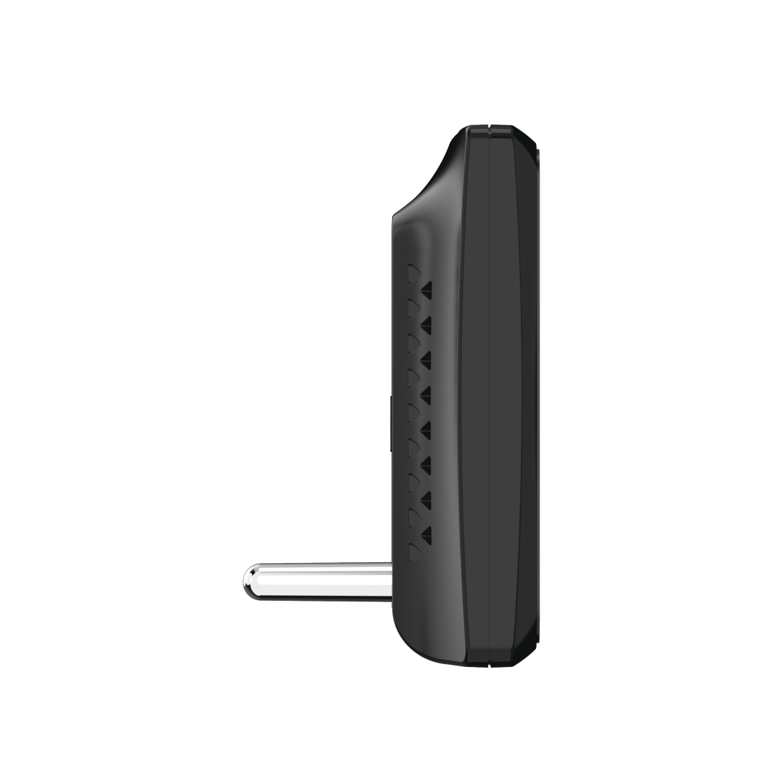 Czarne urządzenie elektroniczne ze srebrną wtyczką, prawdopodobnie zasilacz, na białym tle.