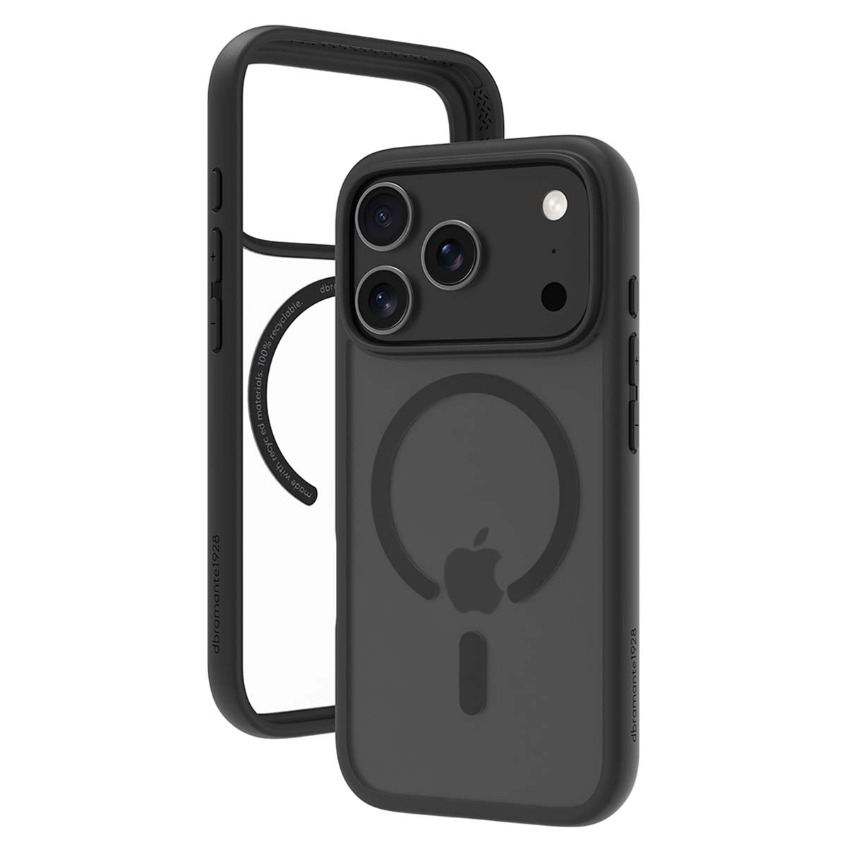 Schwarze iPhone-Hülle mit transparentem Rahmen. Sie hat das Apple-Logo und einen Magnetkreis. Die Hülle besteht aus recycelten Materialien.