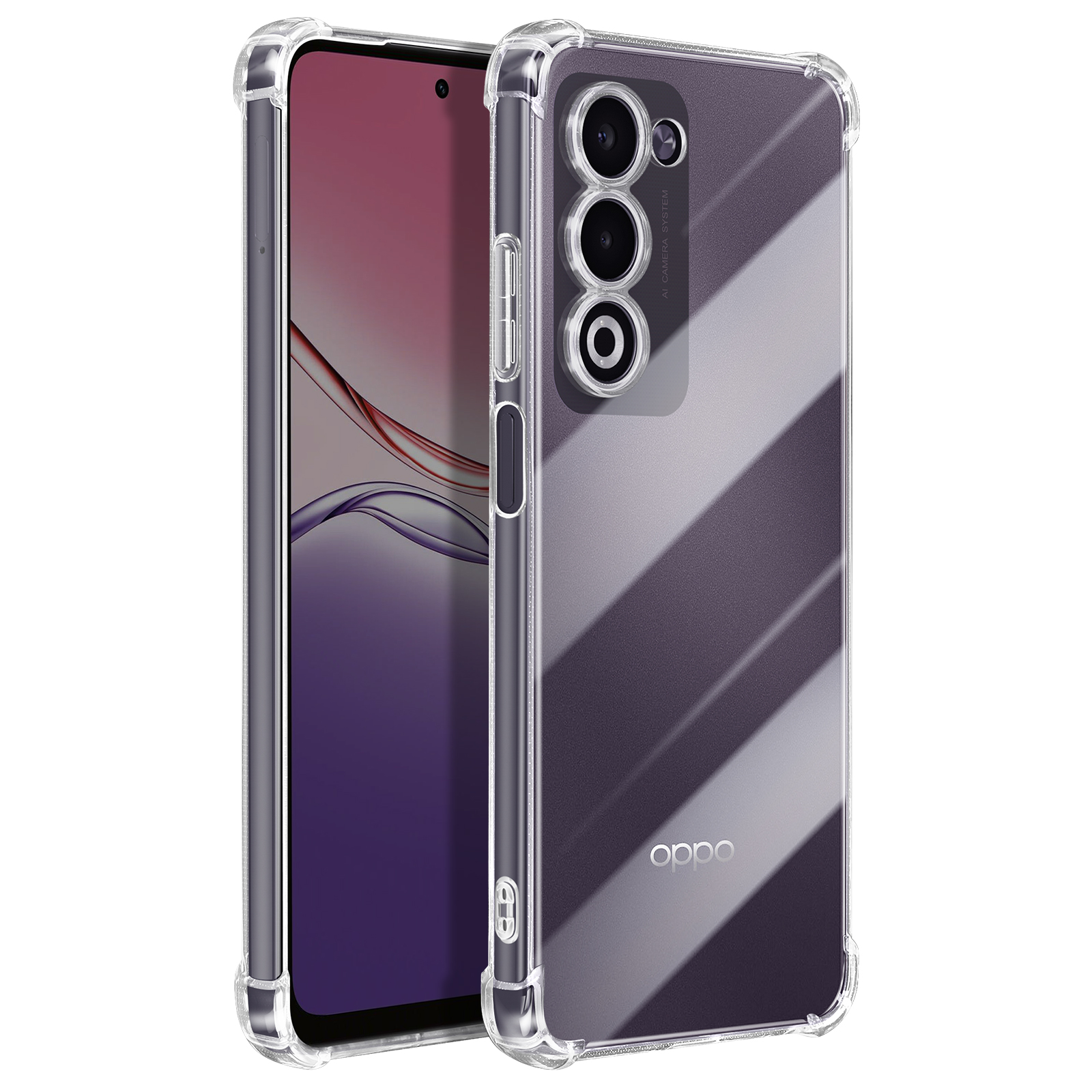 Un téléphone dans une coque transparente. Le téléphone a un écran violet. La coque a un système de caméra à l'arrière.