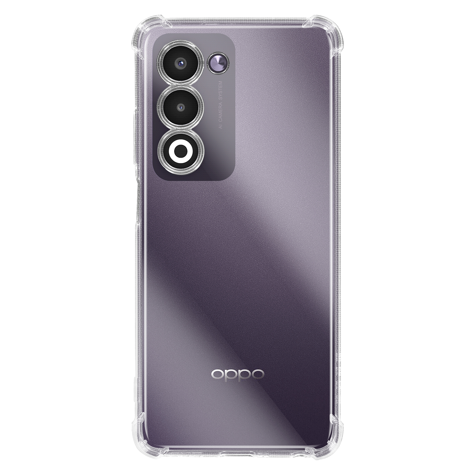 Un téléphone dans un étui transparent. Caméras visibles et le logo OPPO. L'arrière du téléphone est violet.