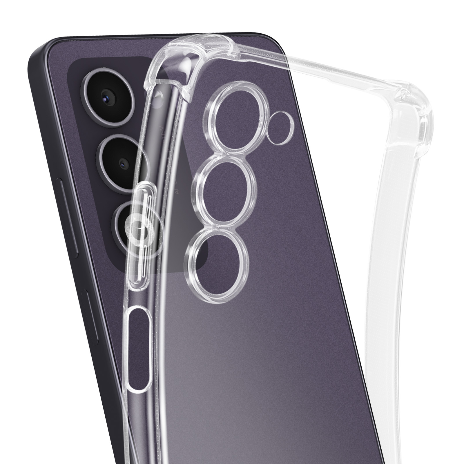 Un téléphone dans une coque transparente. Le téléphone est violet foncé, avec trois objectifs. La coque est transparente.