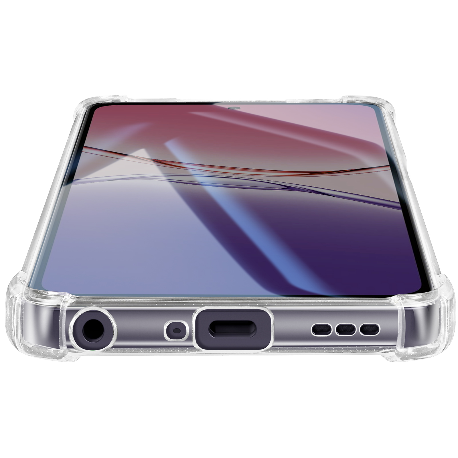 Un smartphone dans une coque de protection transparente. L'écran affiche un design abstrait avec des tons violets et bleus.