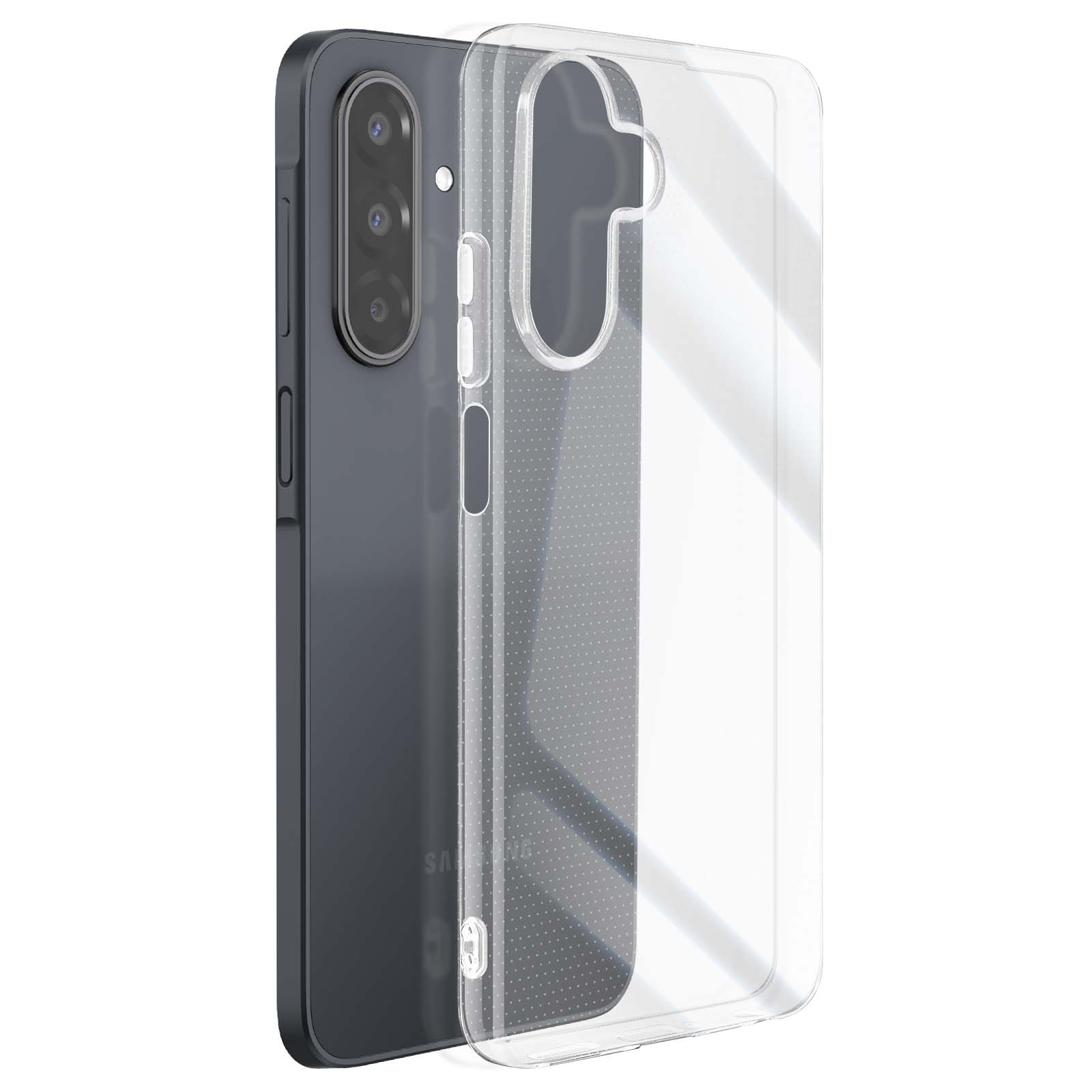 Un téléphone gris foncé avec une coque transparente. Le téléphone a trois caméras. La coque est transparente.