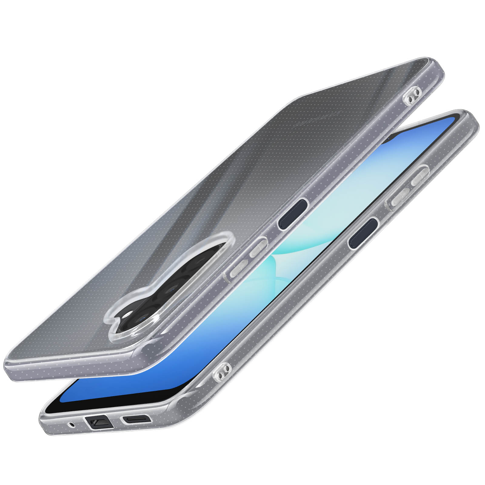 Une coque de téléphone transparente avec un motif à pois, légèrement ouverte, révélant un téléphone avec un écran bleu. Fond blanc.
