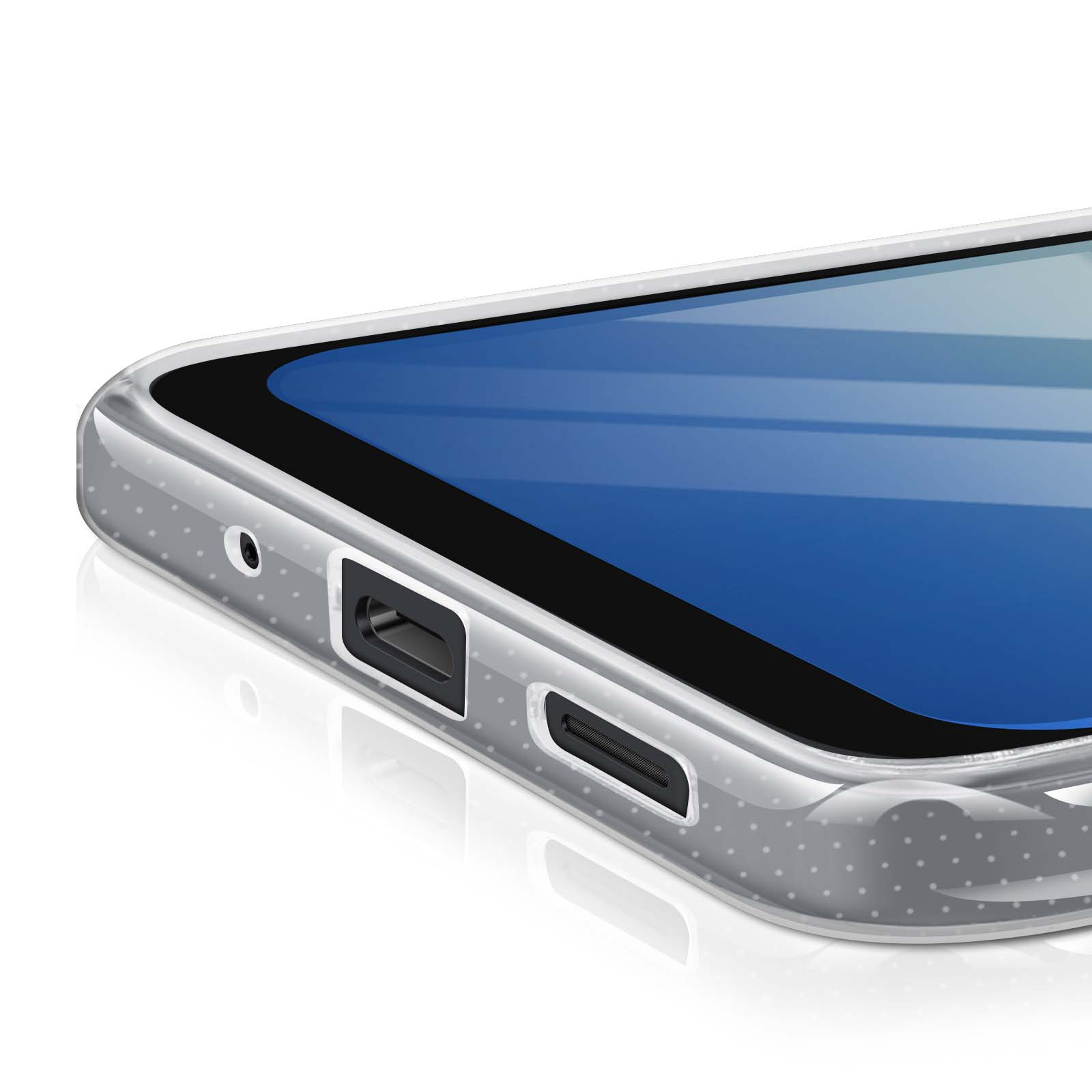 Gros plan d'un téléphone dans un étui transparent. Le port, le haut-parleur et un écran bleu sont visibles.