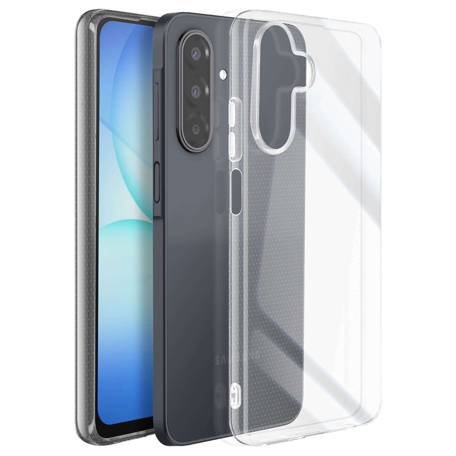 Un smartphone dans une coque de protection transparente. Le téléphone est gris foncé, l'écran affiche un design bleu et blanc.