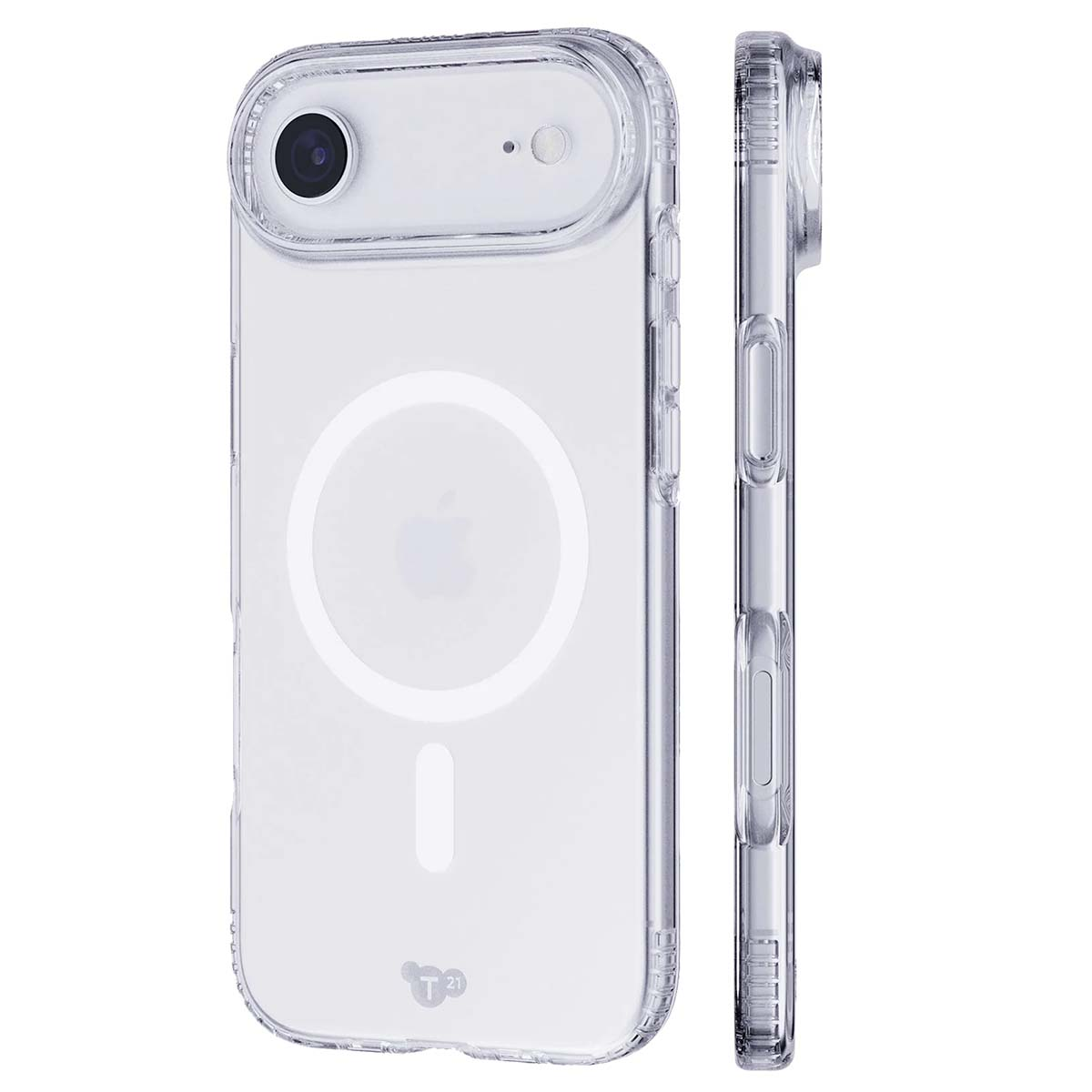 Custodia trasparente per telefono. Ha un ritaglio per la fotocamera, un cerchio bianco con logo e vista laterale con pulsanti.