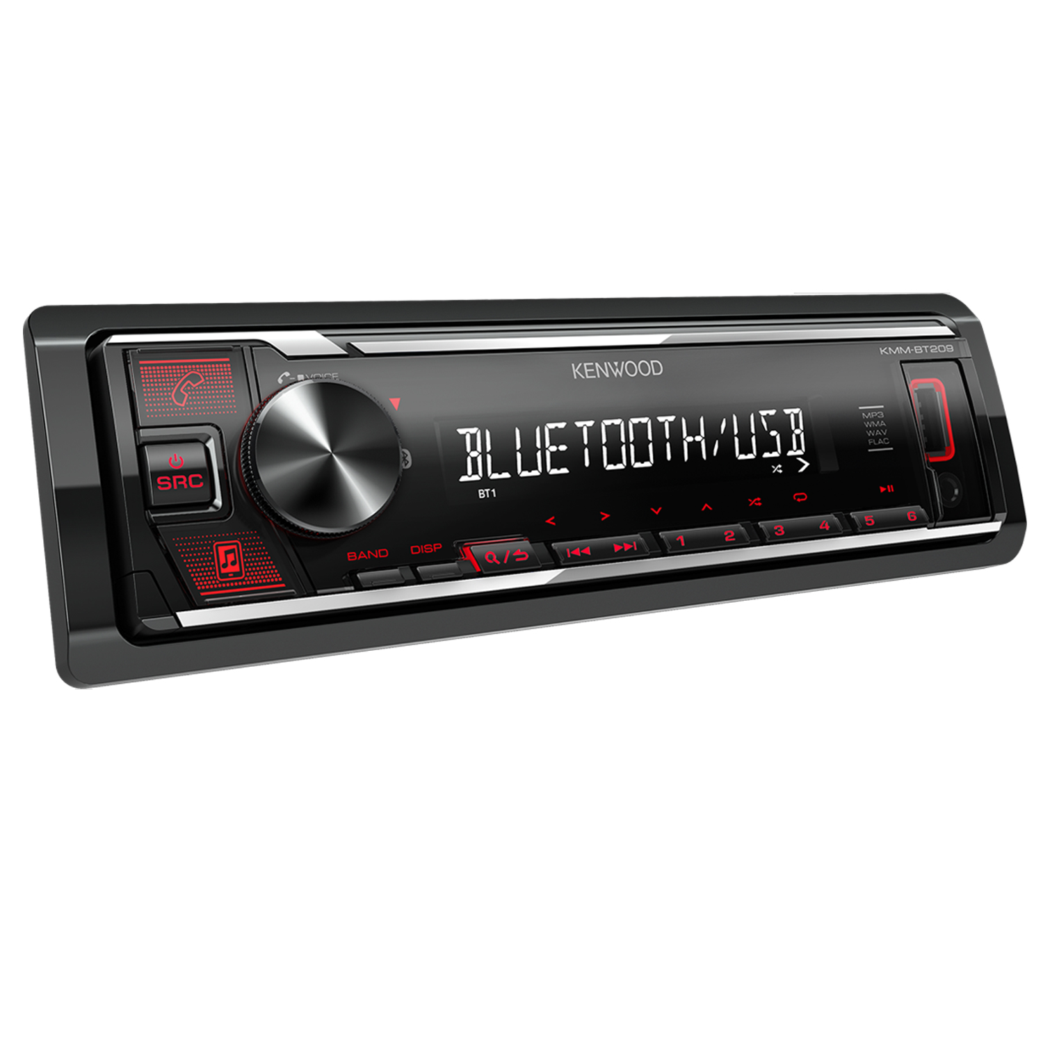 Un'autoradio Kenwood con Bluetooth e USB. Ha pulsanti e un display che mostra 'BLUETOOTH/USB'.