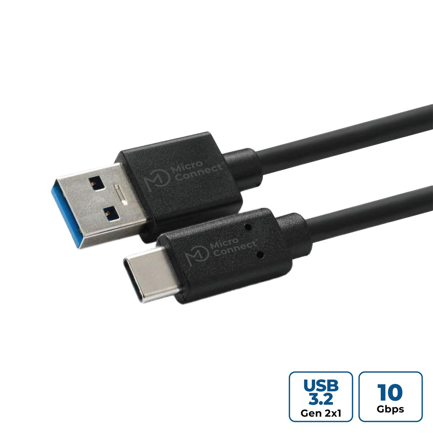 Câble USB-C vers USB-A noir. Connecteur USB-A bleu. Étiquettes USB 3.2 Gen 2x1 et 10 Gbit/s en bas.