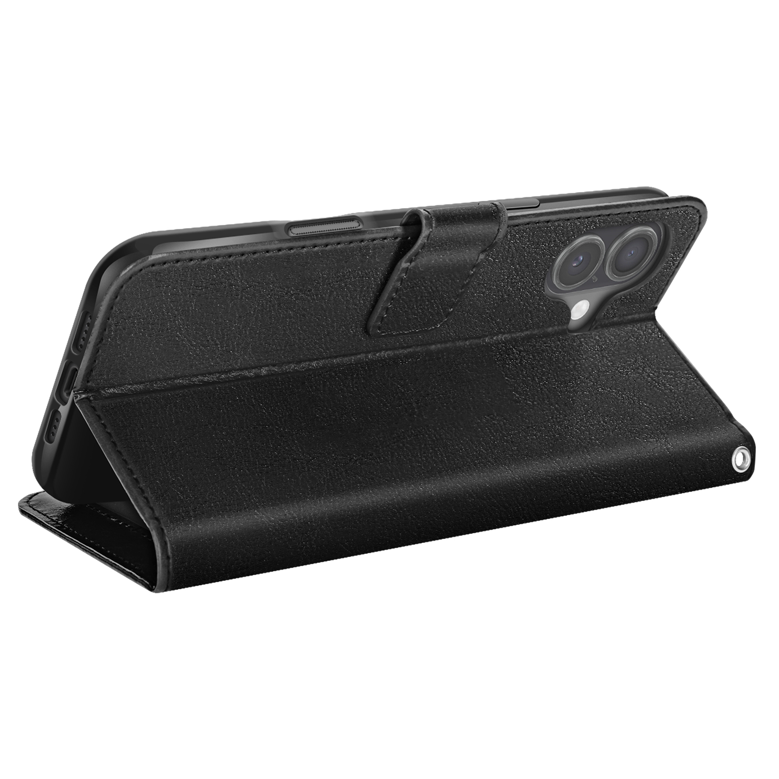 Una custodia nera per telefono è aperta, mostrando la fotocamera del telefono. La custodia è realizzata in materiale strutturato e ha una chiusura magnetica.