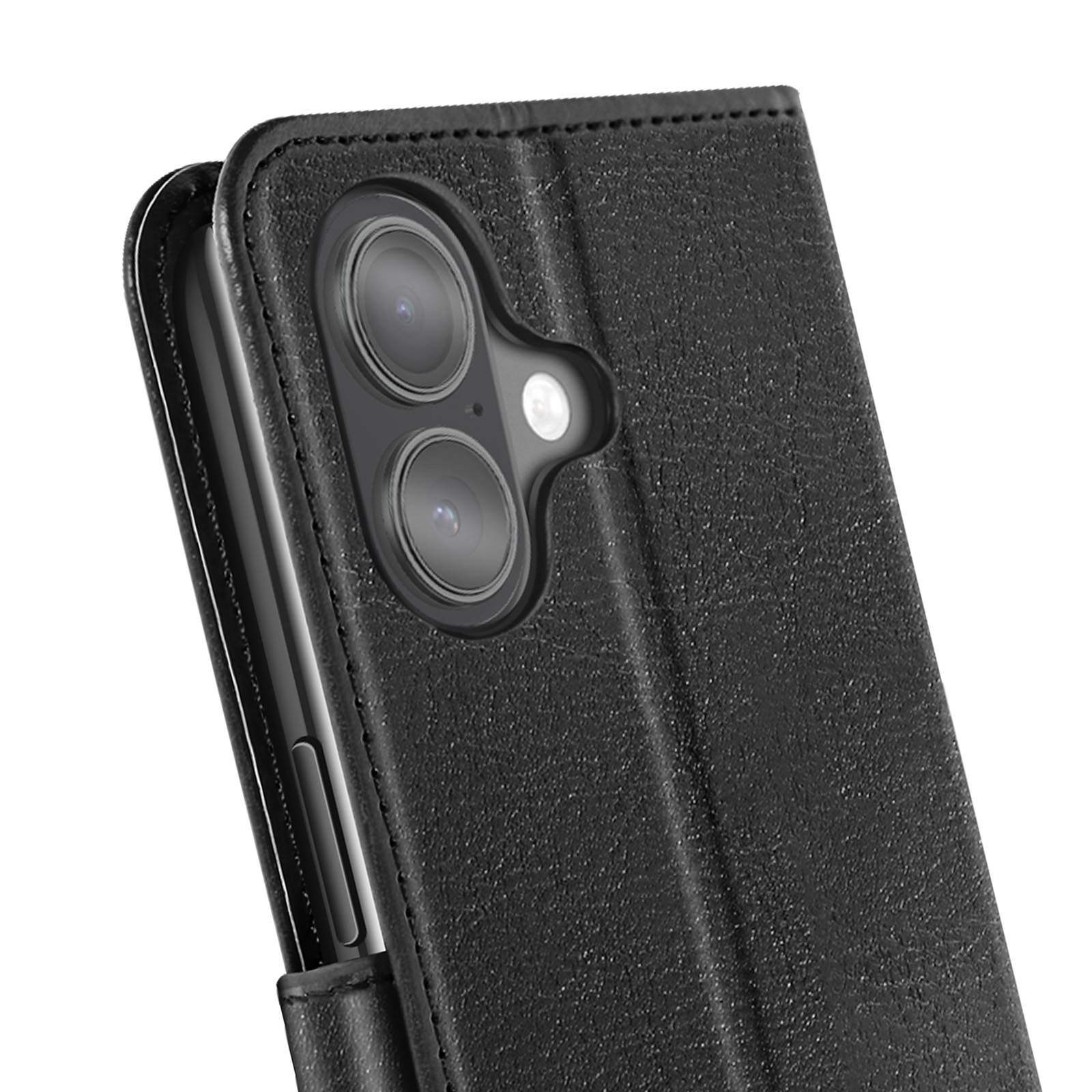 Primo piano di una custodia per telefono nera con modulo fotocamera. La custodia ha una superficie strutturata ed è parzialmente aperta.