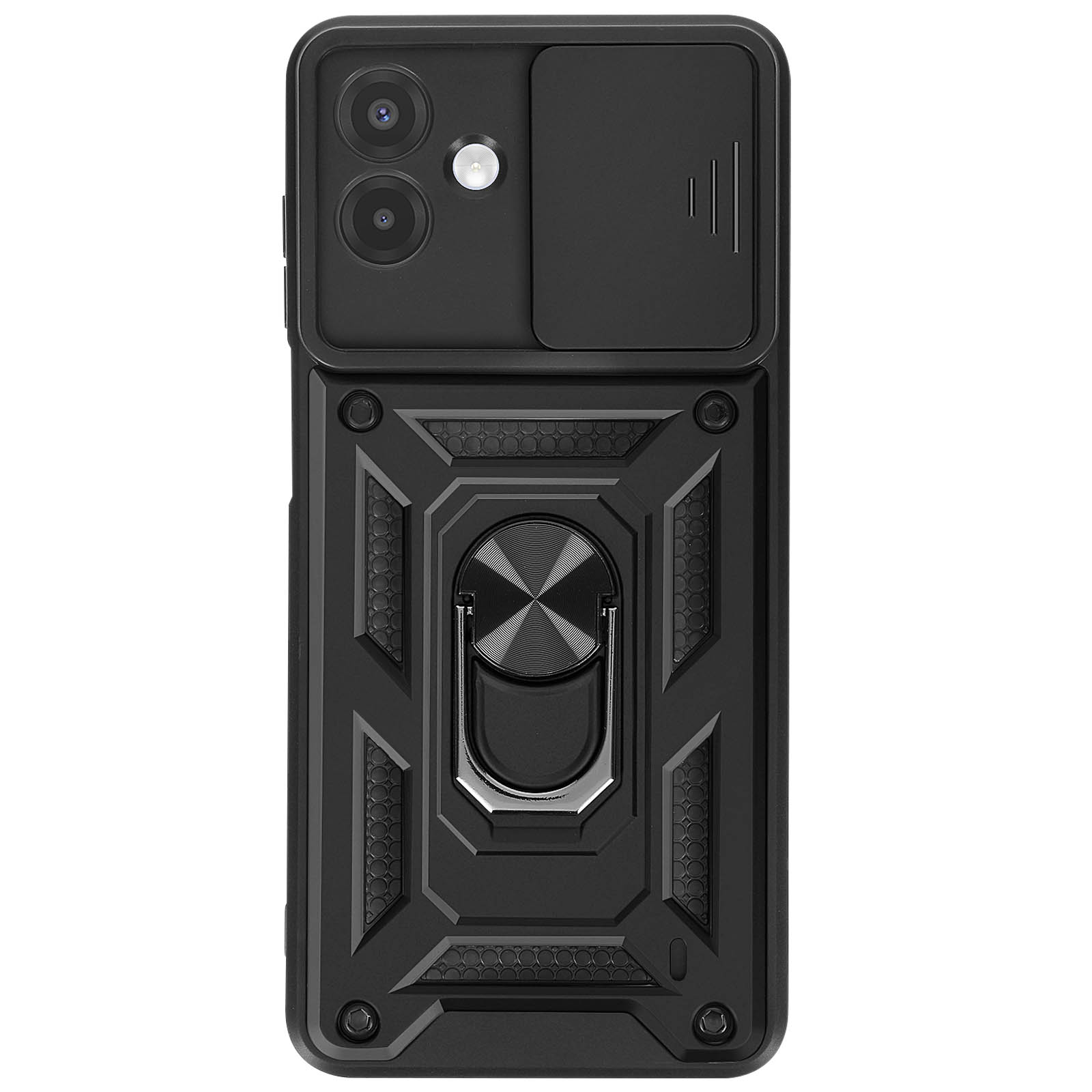 Zwarte telefoonhoes met camera-uitsparingen, gestructureerd ontwerp en ringhouder.