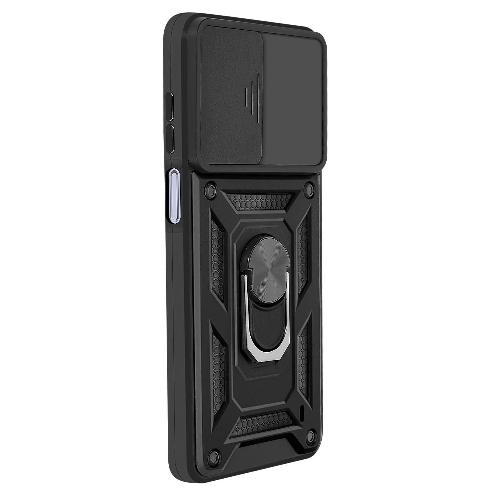 Zwarte telefoonhoes met camerahoes, ringhouder. Voorzien van knoppen aan de zijkant. Geometrisch ontwerp. Zilveren ringhouder.