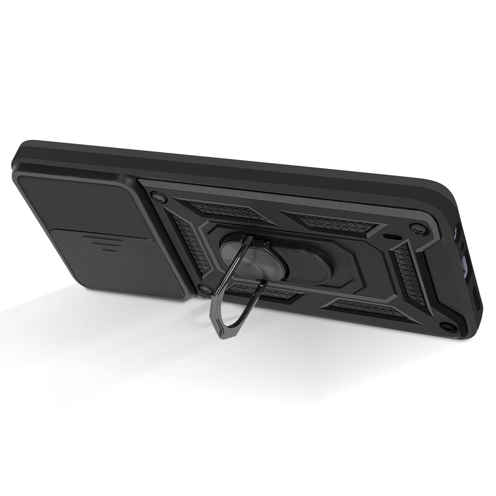 Een zwarte telefoonhoes met standaard en schuifbare camerabescherming op een wit oppervlak.
