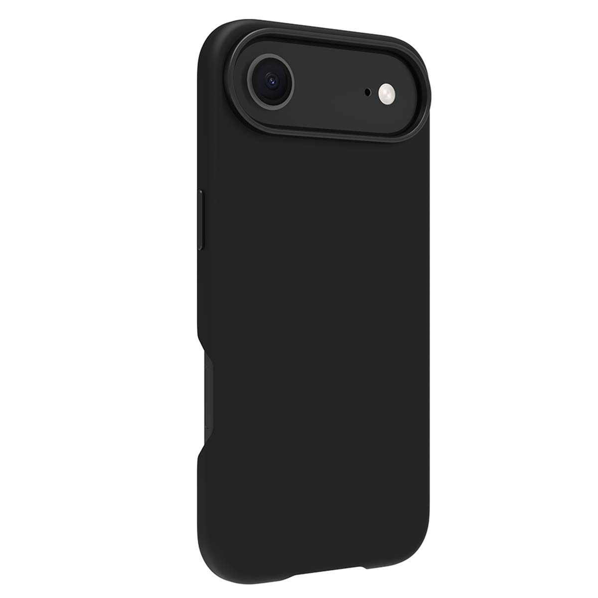 Una custodia nera per telefono con un ritaglio per la fotocamera. La custodia ha una consistenza liscia e un design arrotondato. La fotocamera ha un obiettivo e un flash.