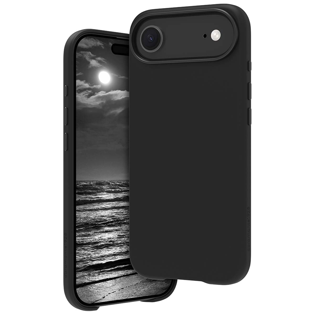 Custodia nera con un telefono che mostra un paesaggio marino in scala di grigi. La custodia ha un ritaglio per la fotocamera.