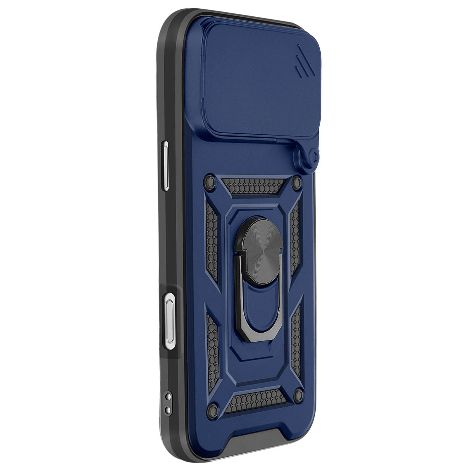 Blauwe telefoonhoes met camerahoes, ringhouder en zwart frame. Het heeft een geometrisch ontwerp.