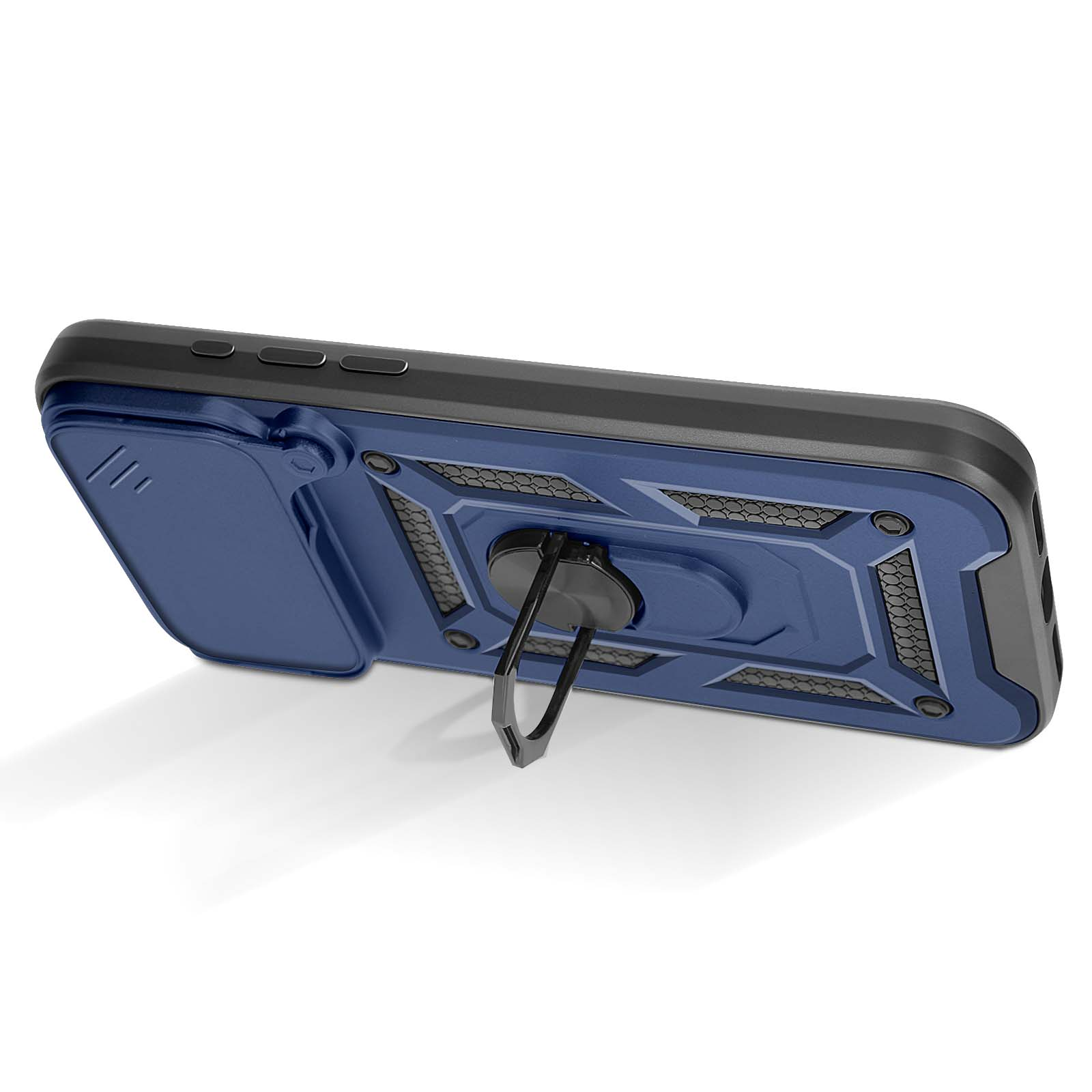 Blauwe en zwarte telefoonhoes met ringstandaard. De hoes is schuin, waardoor een schaduw ontstaat.