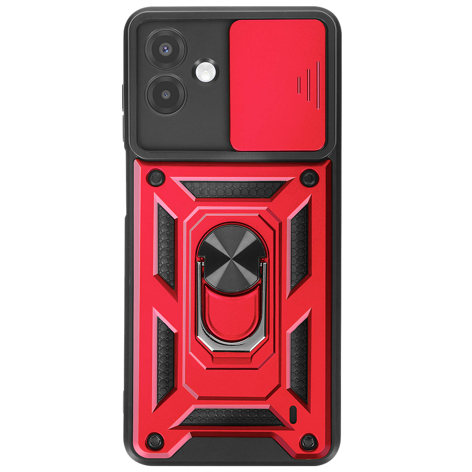 Rode en zwarte telefoonhoes met ringhouder. Voorzien van camera-uitsparingen en een schuifafdekking.