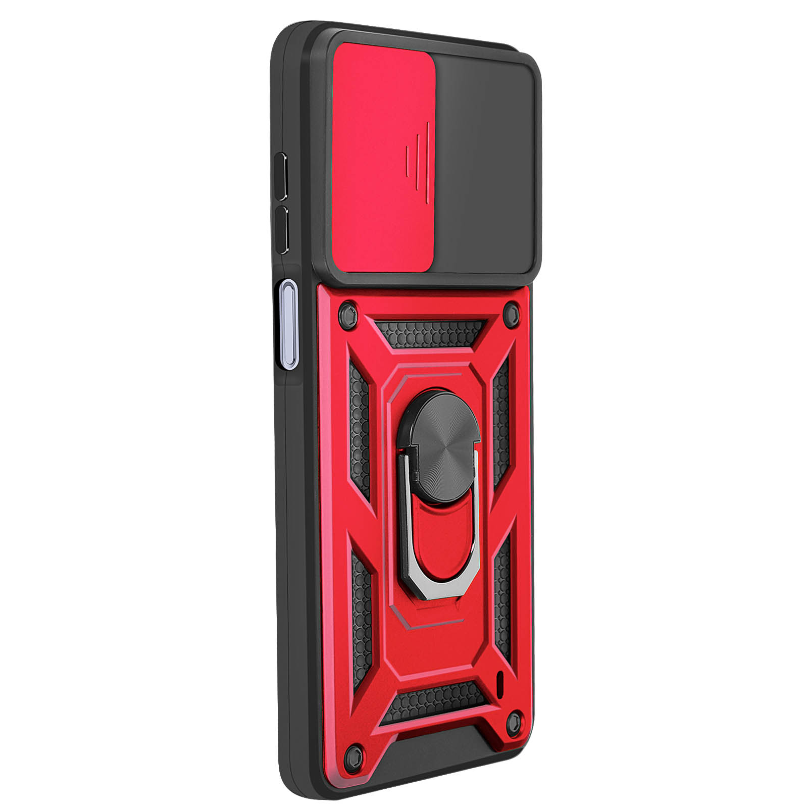 Een rood-zwarte telefoonhoes met een ringhouder. De hoes heeft een schuifbare cameralensafdekking.
