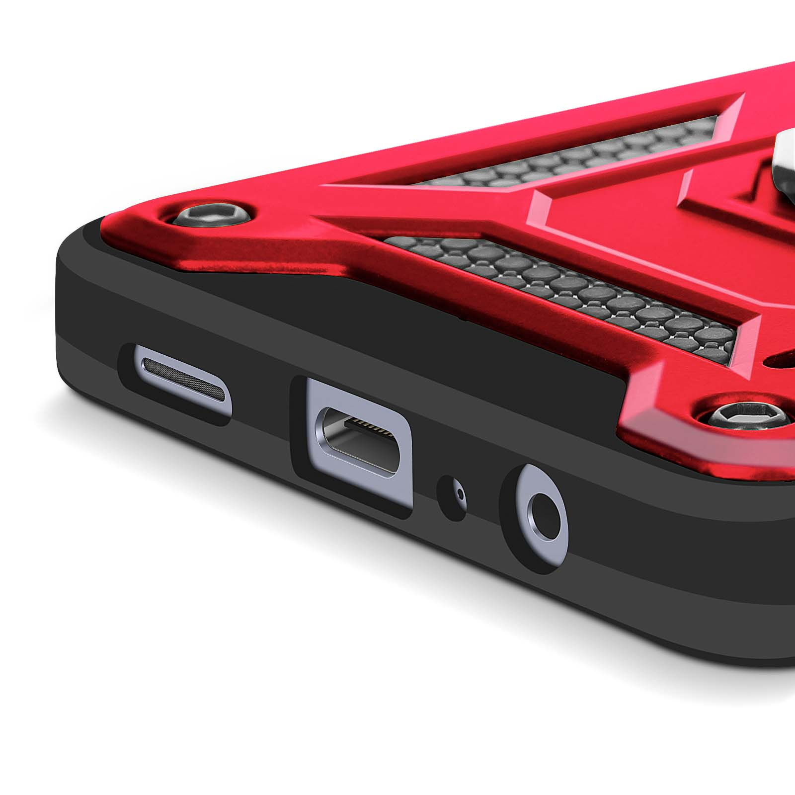 Close-up van een telefoonhoesje. Rood en zwart ontwerp, met poorten en een getextureerd oppervlak. Witte achtergrond.