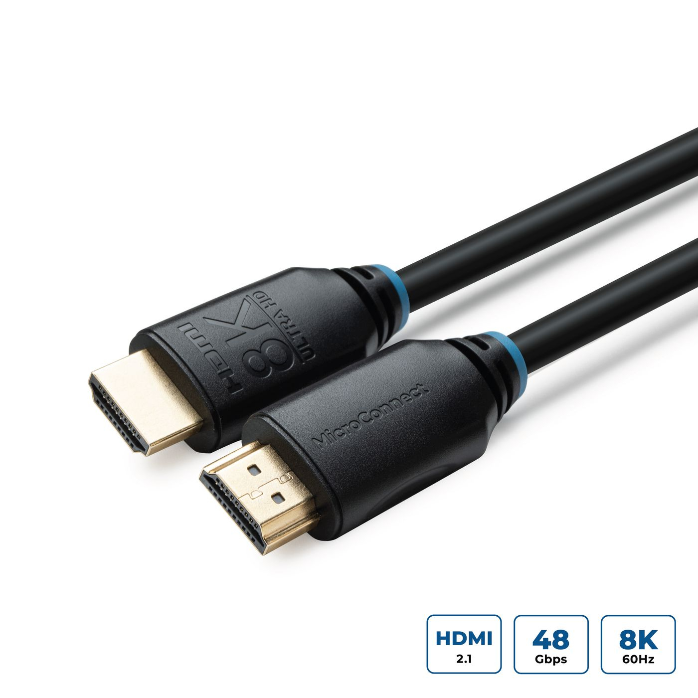 Due cavi HDMI neri con connettori dorati. Uno mostra "8K Ultra HD". Sotto ci sono tre icone: HDMI 2.1, 48 Gbps e 8K 60Hz.
