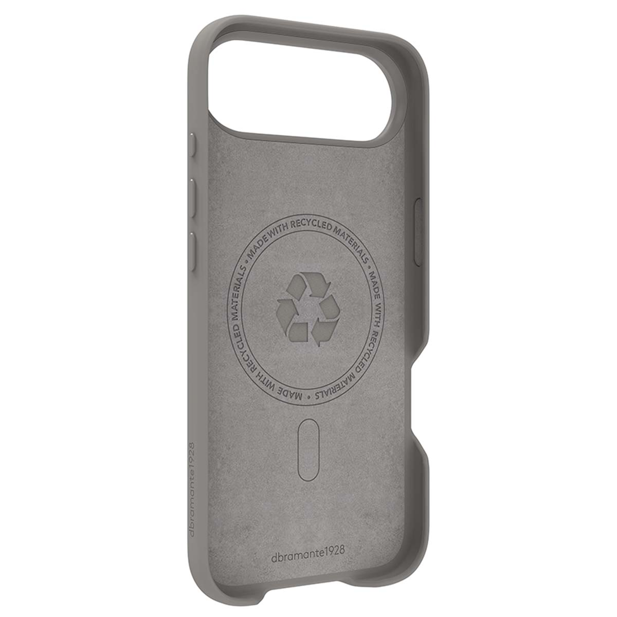 Graue Handyhülle mit Kameraausschnitt. Recycling-Logo und Text: 'Hergestellt aus recycelten Materialien'.