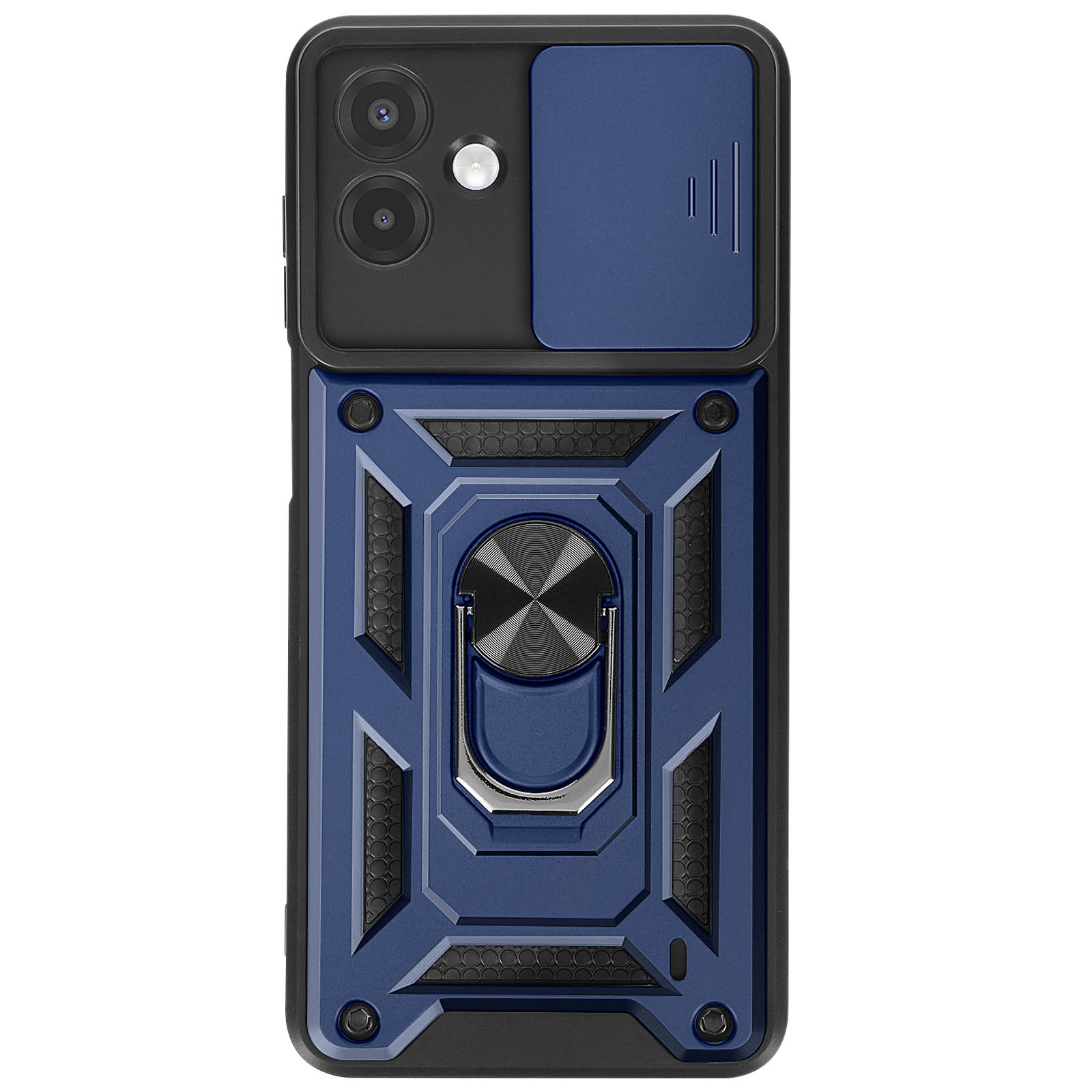Een blauwzwarte telefoonhoes met ringhouder. Het heeft camerabescherming en een gestructureerd ontwerp.
